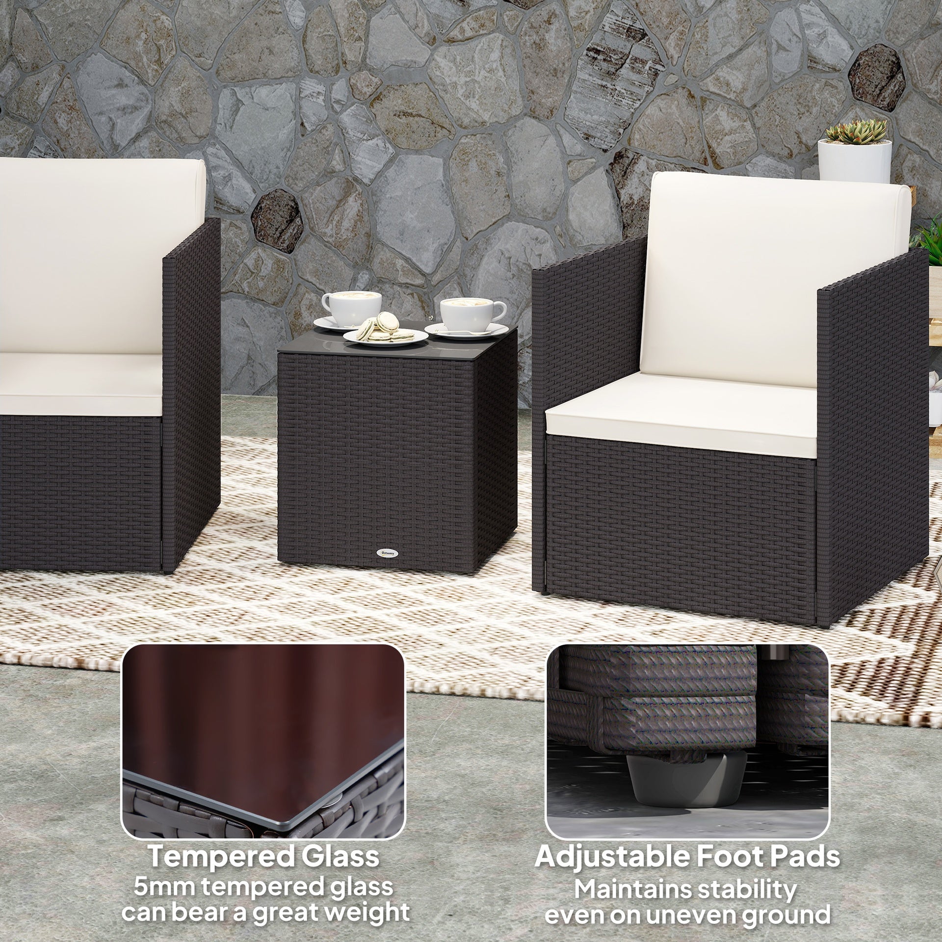 Outsunny Folding Wicker Bistro Set, 3 Piece Patio Furniture Set with Cushions and Glass Coffee Table for Porch, Balcony, Brown