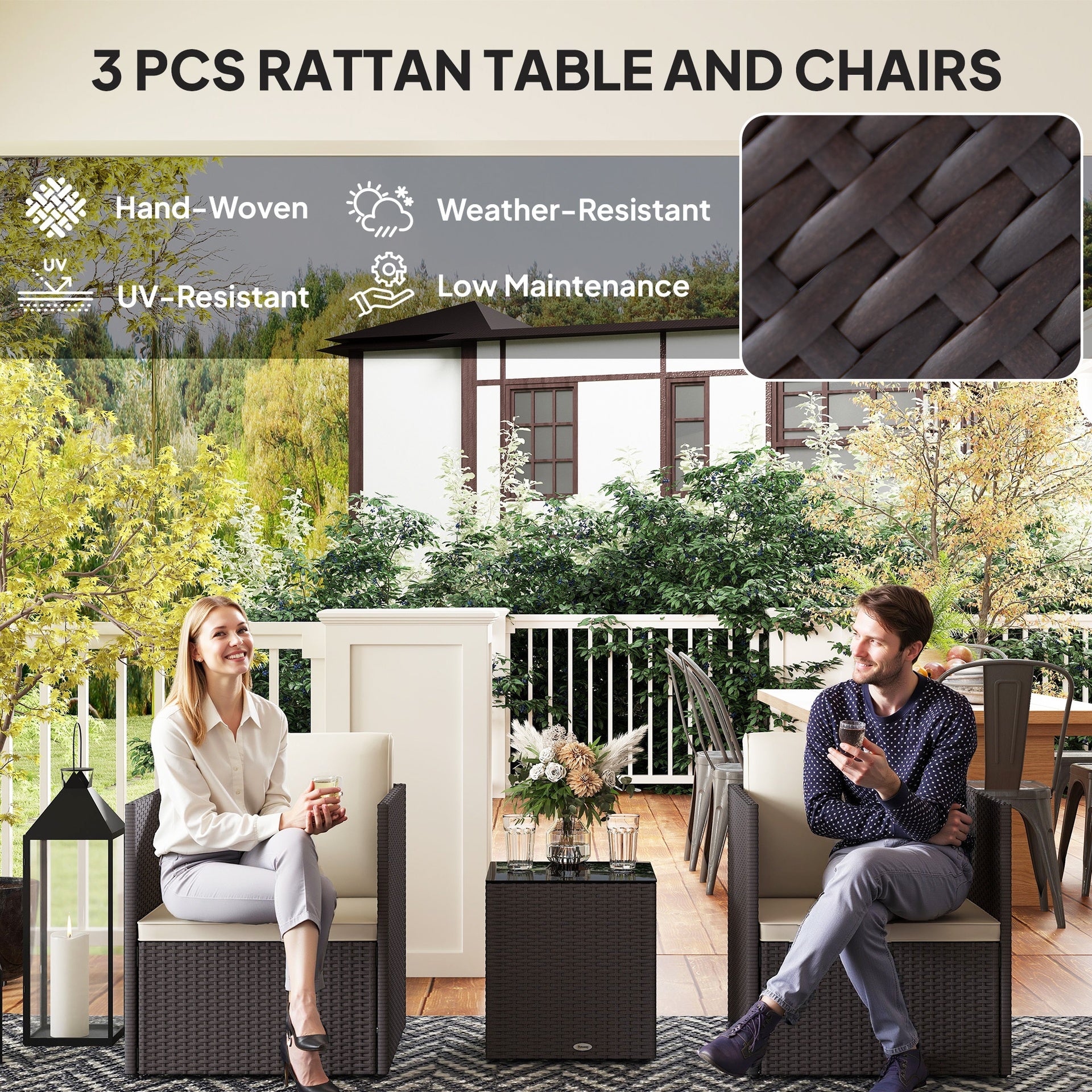 Outsunny Folding Wicker Bistro Set, 3 Piece Patio Furniture Set with Cushions and Glass Coffee Table for Porch, Balcony, Brown