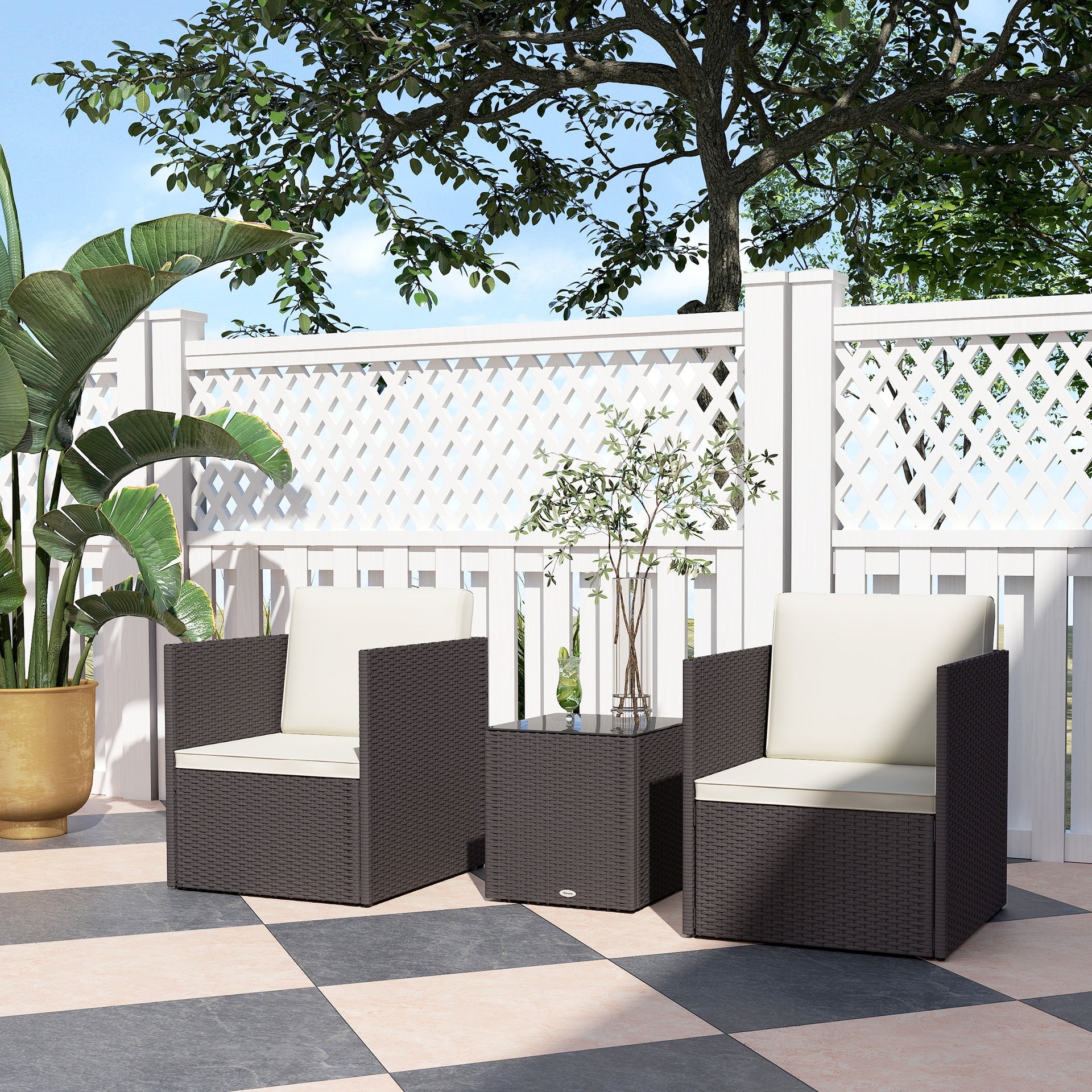 Outsunny Folding Wicker Bistro Set, 3 Piece Patio Furniture Set with Cushions and Glass Coffee Table for Porch, Balcony, Brown