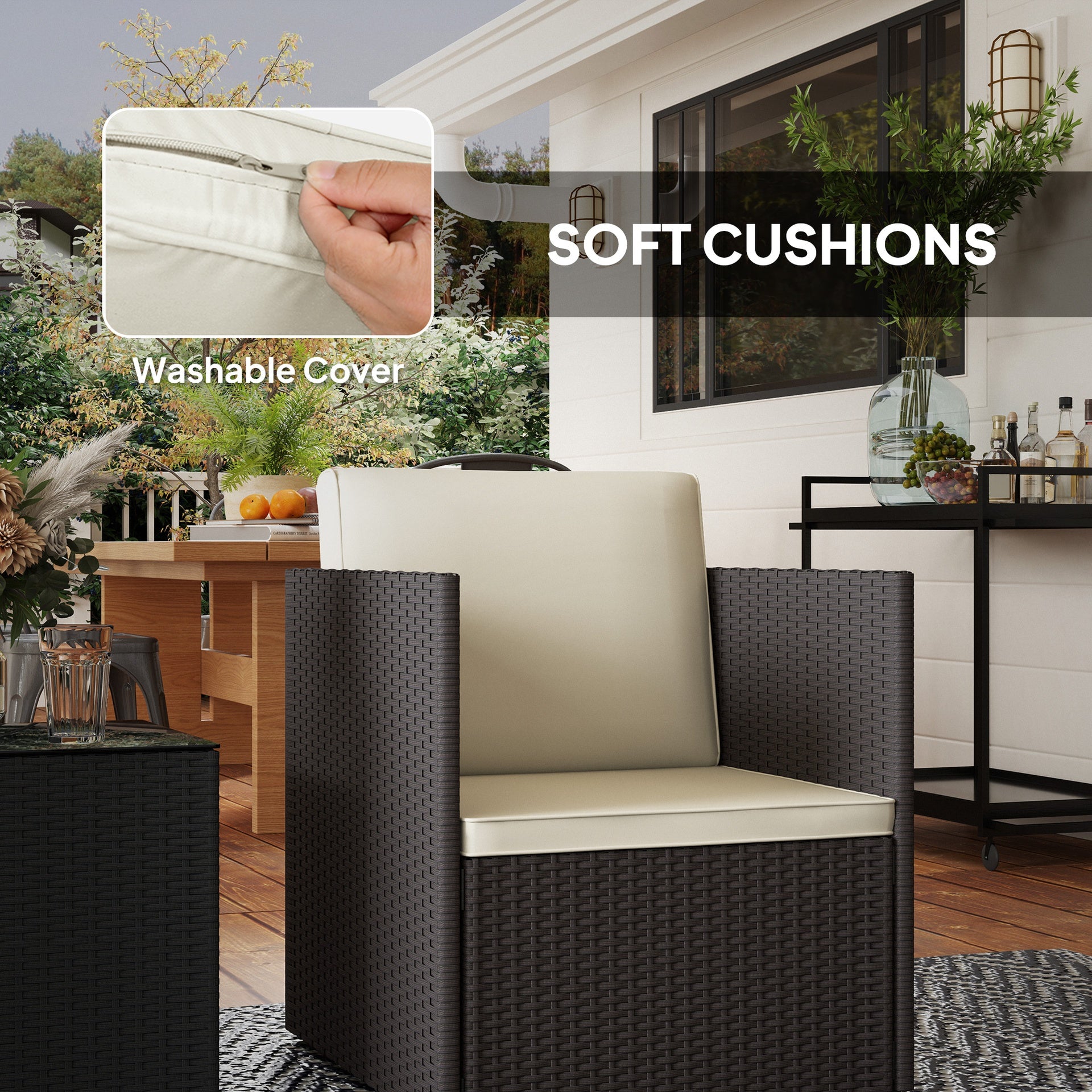 Outsunny Folding Wicker Bistro Set, 3 Piece Patio Furniture Set with Cushions and Glass Coffee Table for Porch, Balcony, Brown