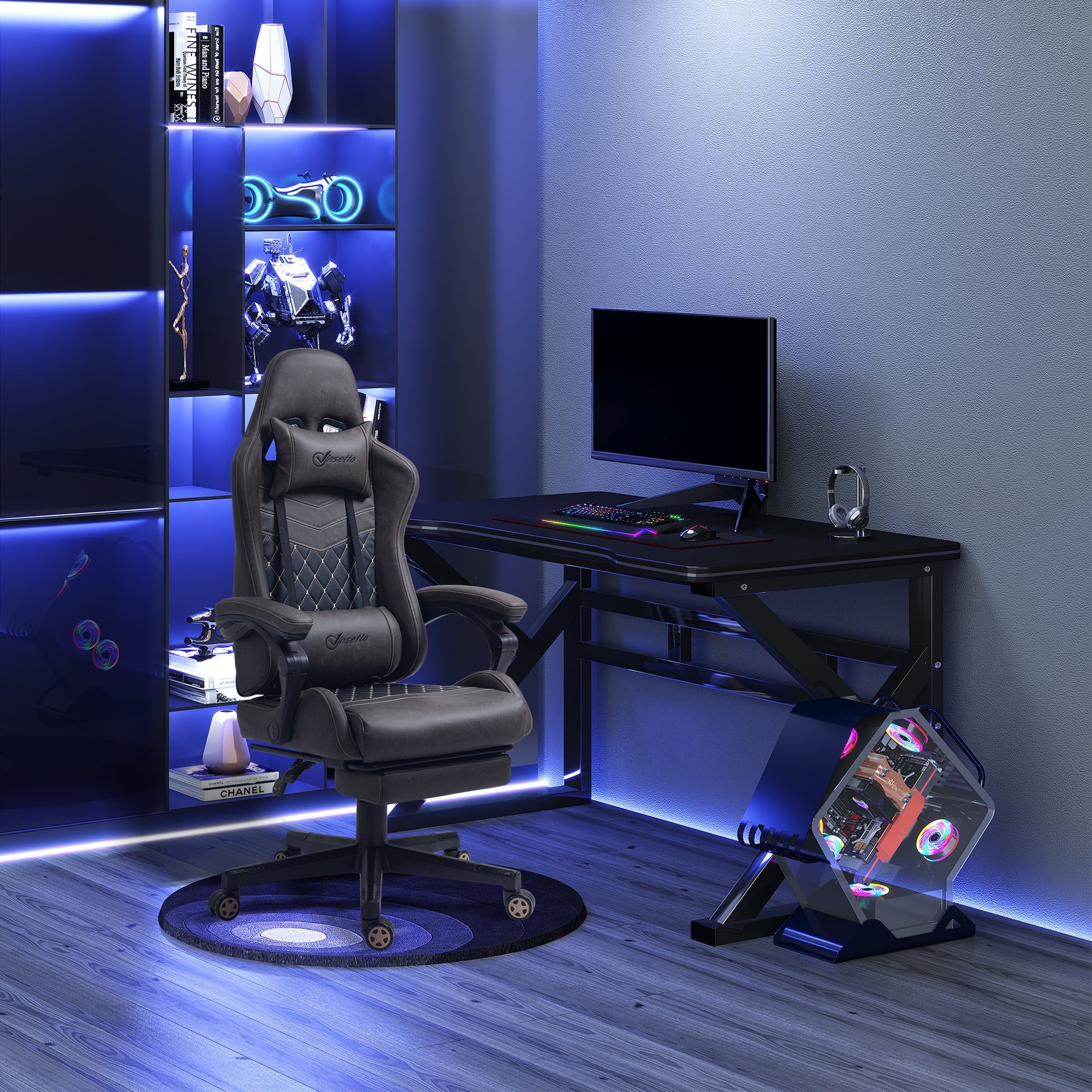 Vinsetto Racing Gaming Chair Diamond PU Leather Office Gamer Chair High Back Swivel Recliner with Footrest, Lumbar Support, Adjustable Height, Brown
