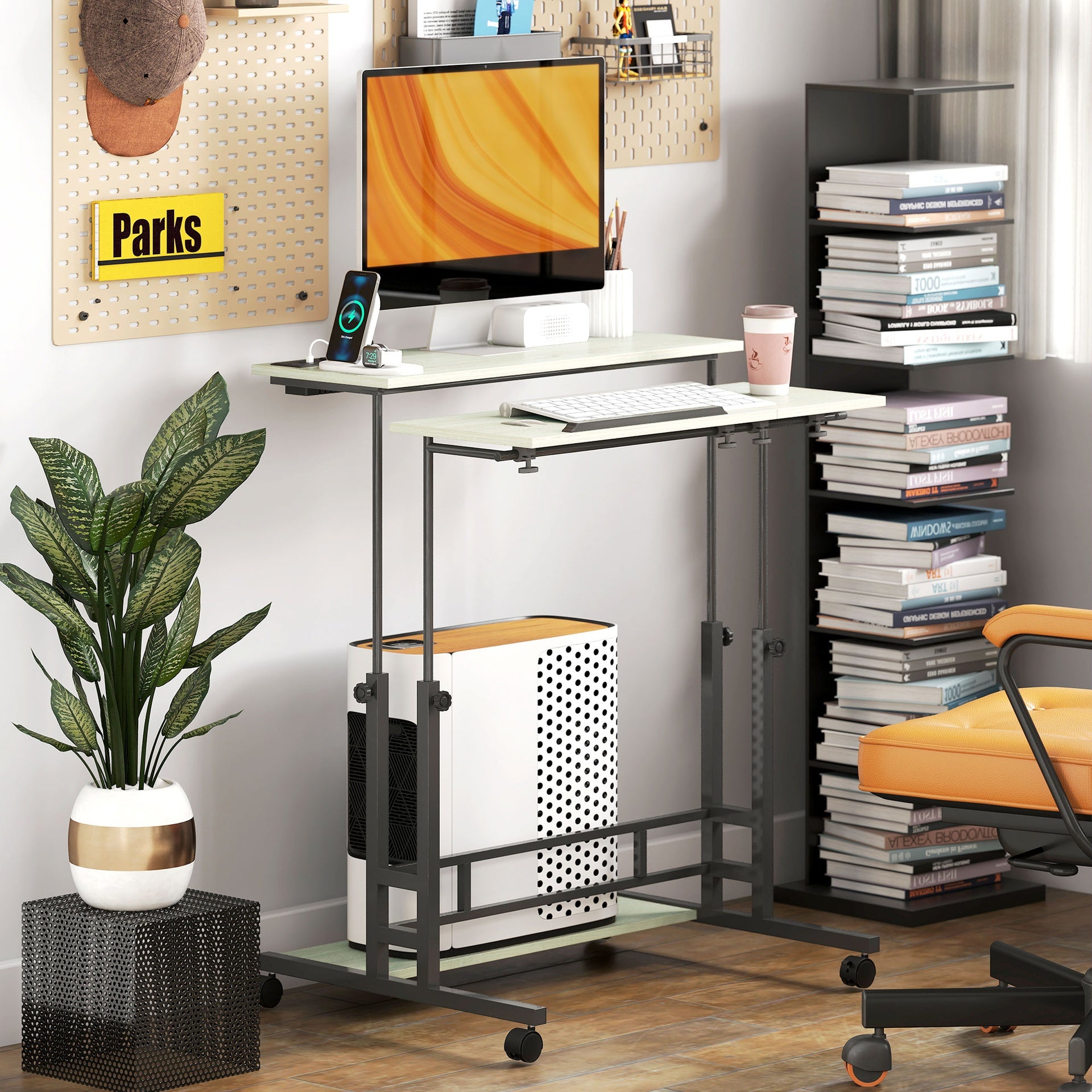 HOMCOM Adjustable Standing Desk with Power Outlets, Stand Up Desk with Tiltable Tabletop, Wheels, Shelf, for Home Office, Oak