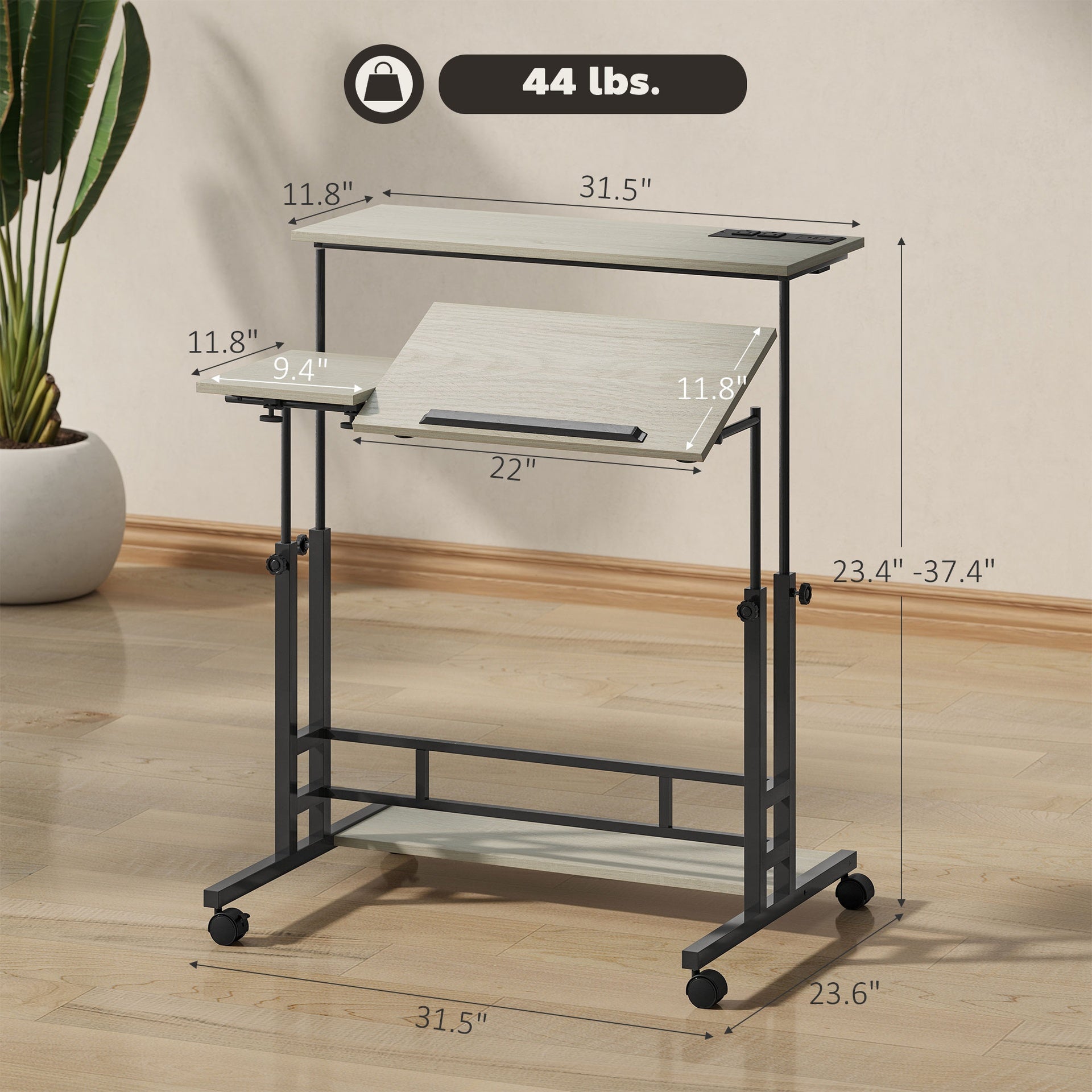 HOMCOM Adjustable Standing Desk with Power Outlets, Stand Up Desk with Tiltable Tabletop, Wheels, Shelf, for Home Office, Oak