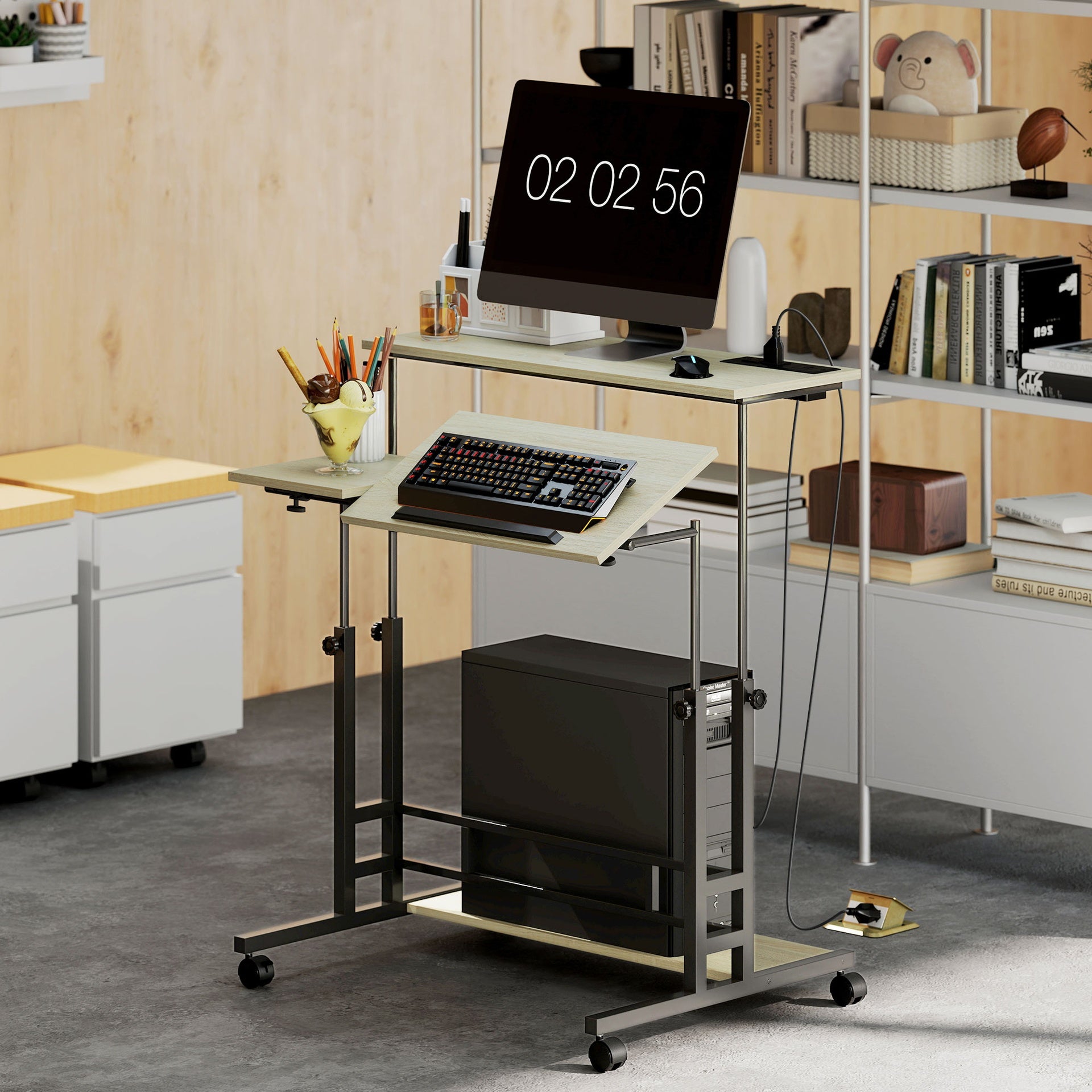 HOMCOM Adjustable Standing Desk with Power Outlets, Stand Up Desk with Tiltable Tabletop, Wheels, Shelf, for Home Office, Oak