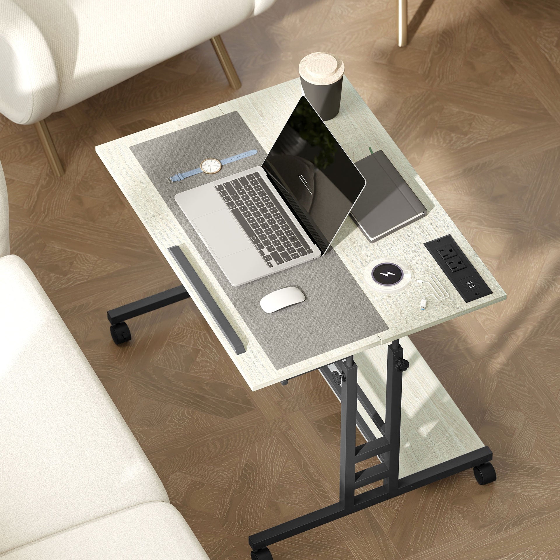 HOMCOM Adjustable Standing Desk with Power Outlets, Stand Up Desk with Tiltable Tabletop, Wheels, Shelf, for Home Office, Oak