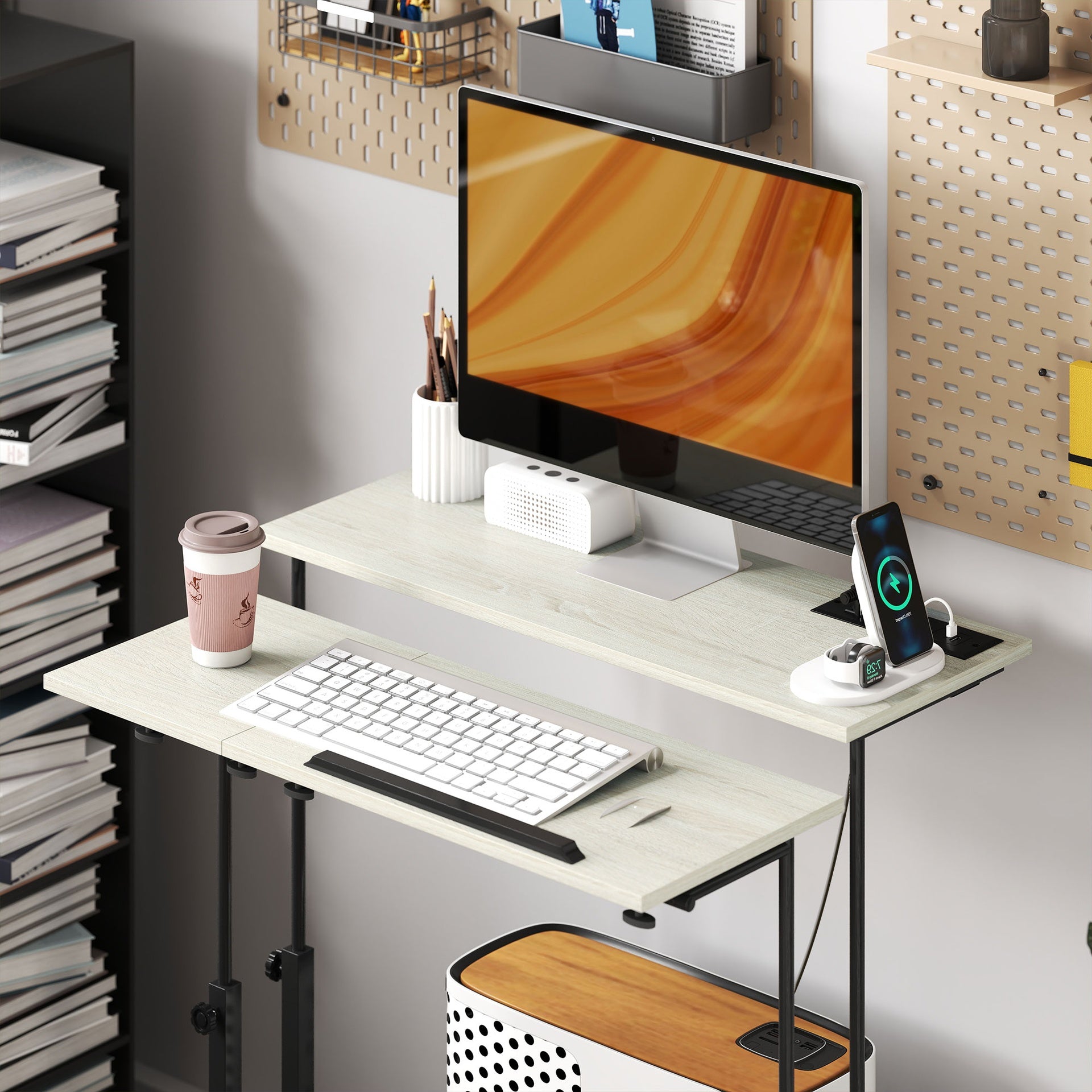 HOMCOM Adjustable Standing Desk with Power Outlets, Stand Up Desk with Tiltable Tabletop, Wheels, Shelf, for Home Office, Oak