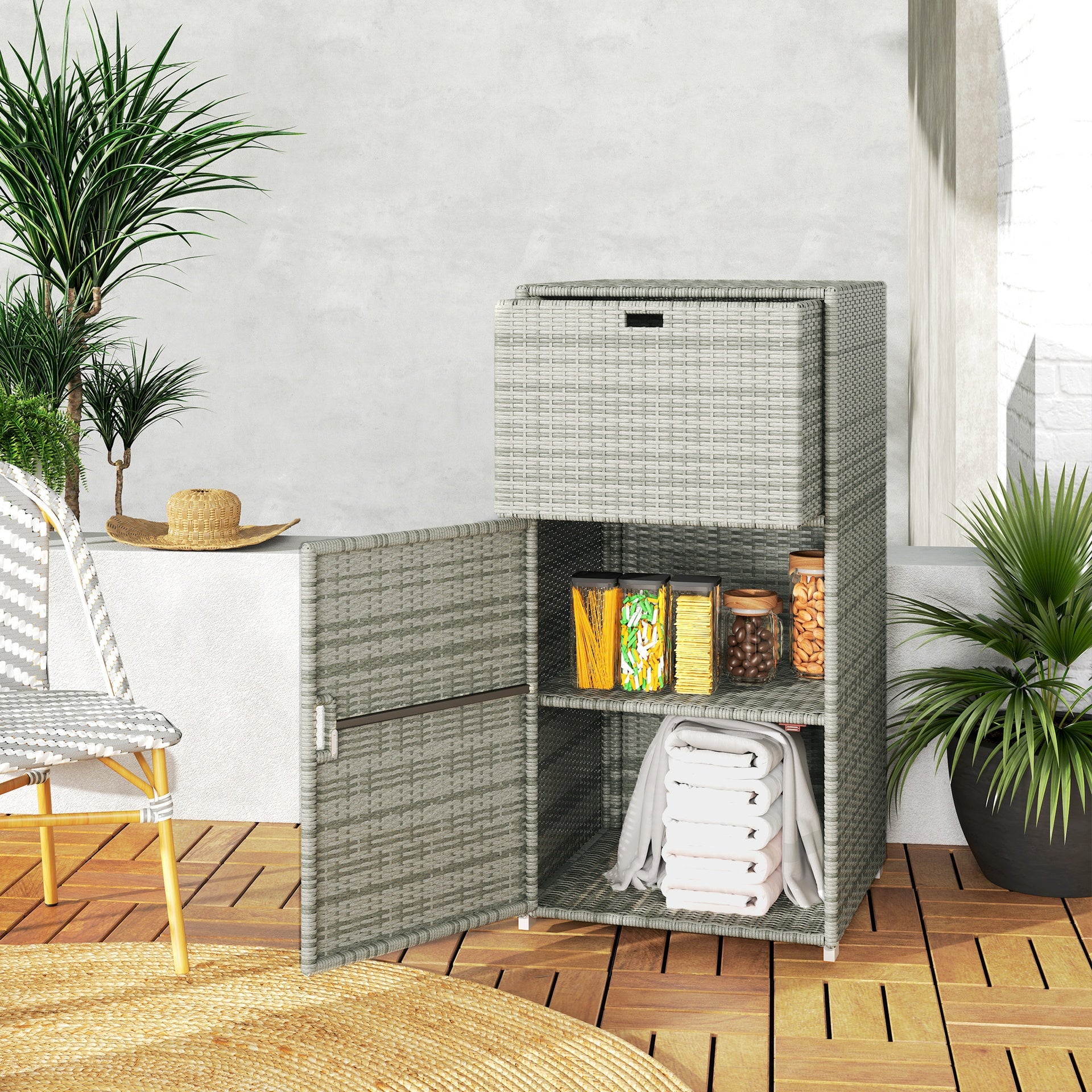 Outsunny Outdoor Towel Rack for Pool w/ Drawer & Cabinet, Gray