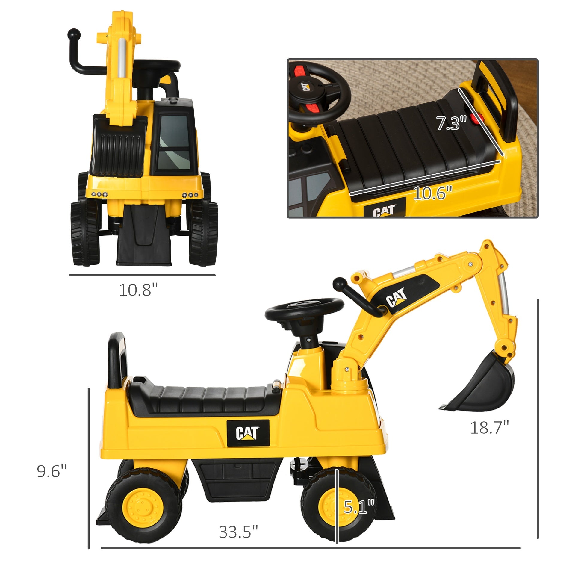 Aosom Kids Excavator Ride on Toy CAT Licensed with Manual Shovel, Horn, Hidden Storage for 18-36 Months, Yellow