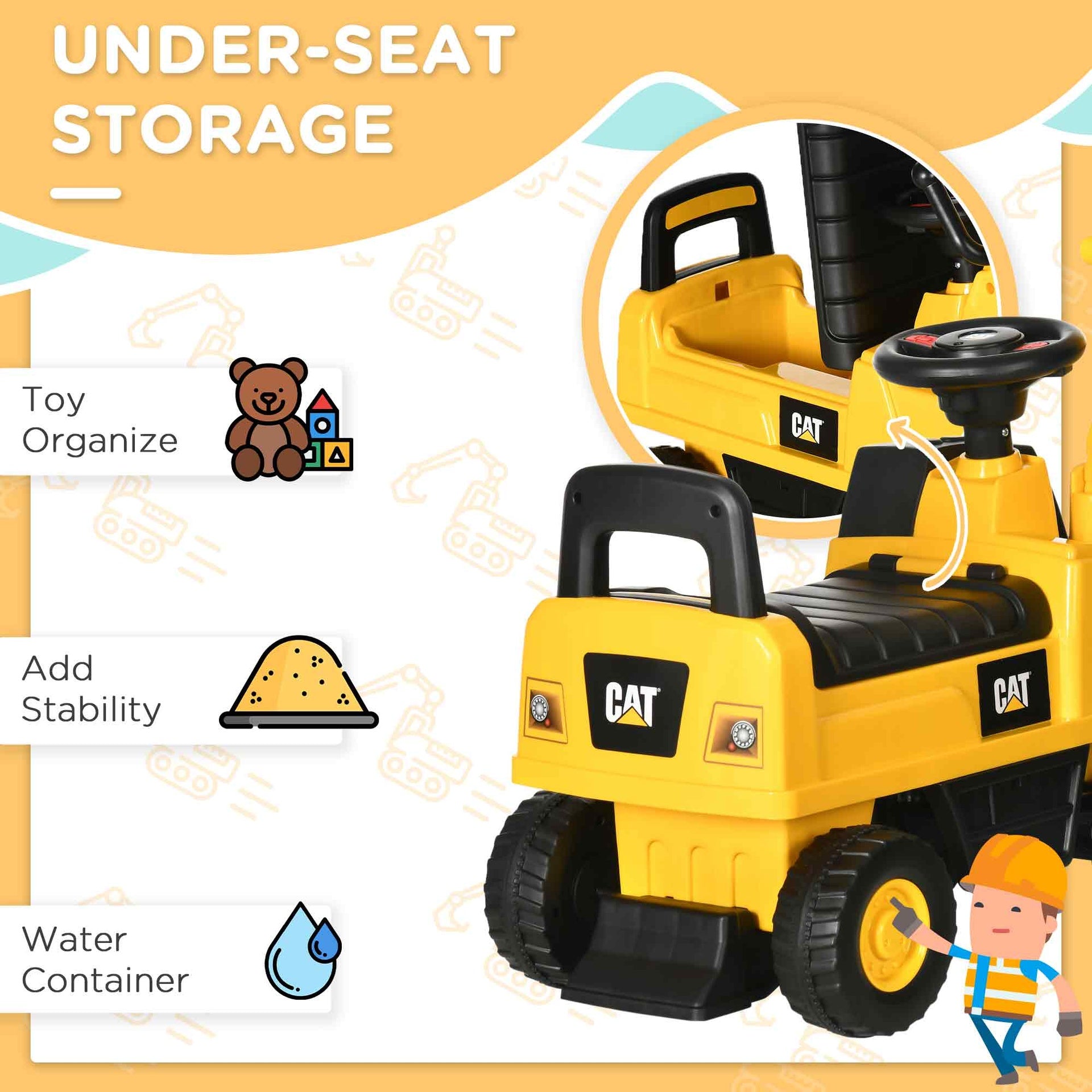 Aosom Kids Excavator Ride on Toy CAT Licensed with Manual Shovel, Horn, Hidden Storage for 18-36 Months, Yellow