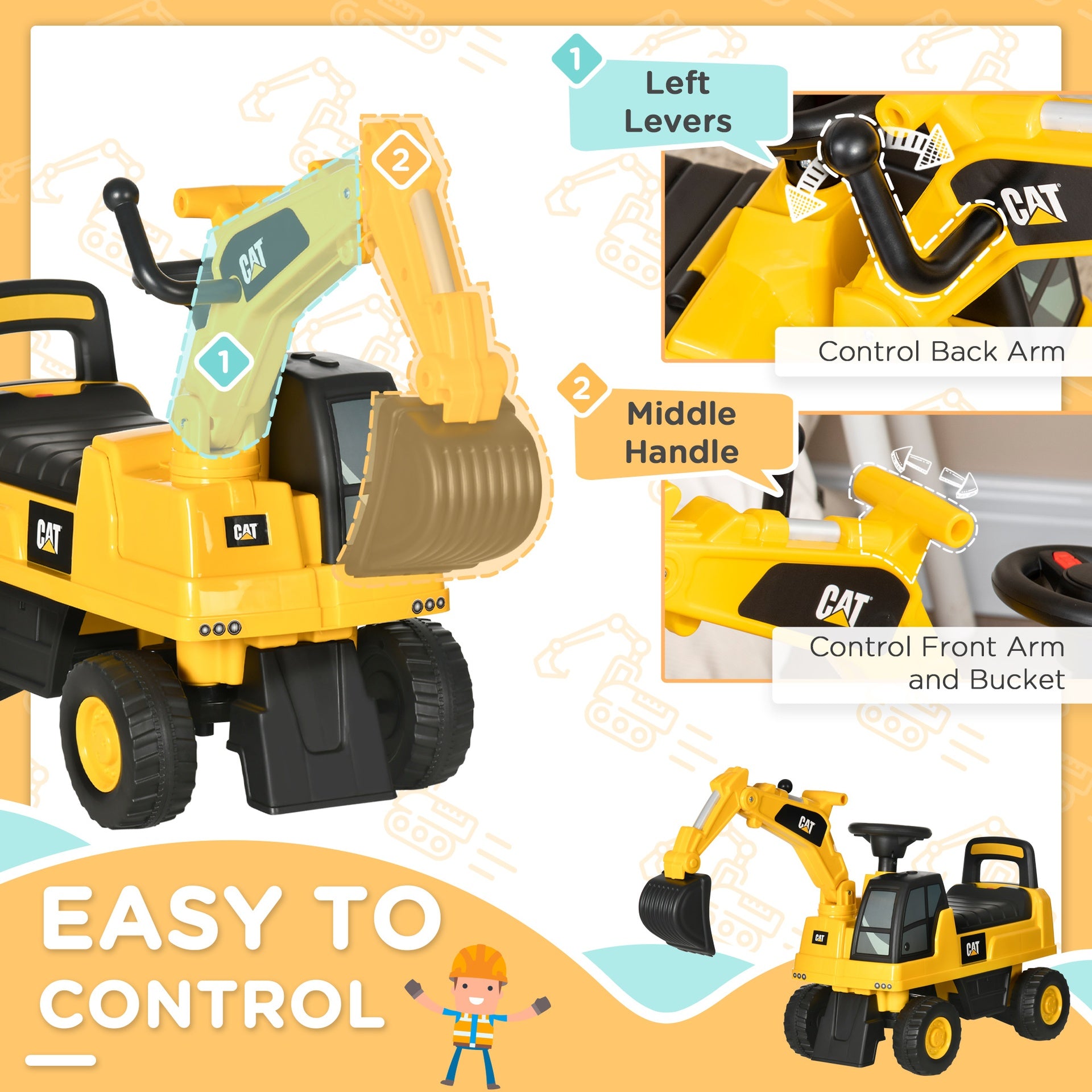 Aosom Kids Excavator Ride on Toy CAT Licensed with Manual Shovel, Horn, Hidden Storage for 18-36 Months, Yellow