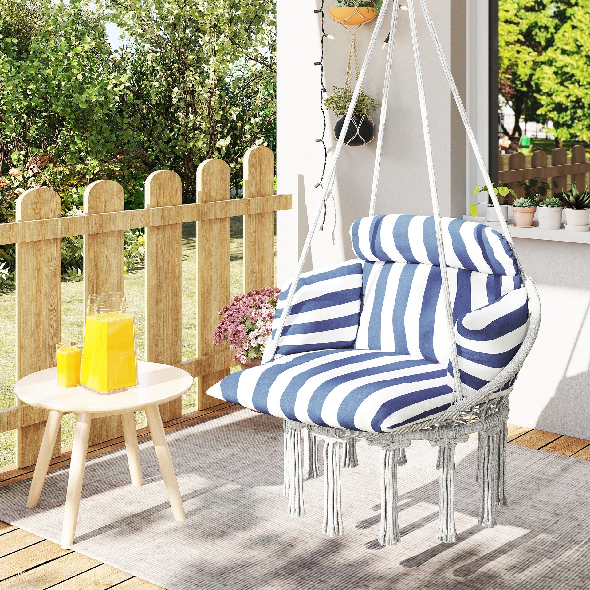 Outsunny Hammock Swing Chair, Macrame Hanging Chair with Large Cushion, Chain, Steel Frame for Indoor Outdoor Use, Blue and White