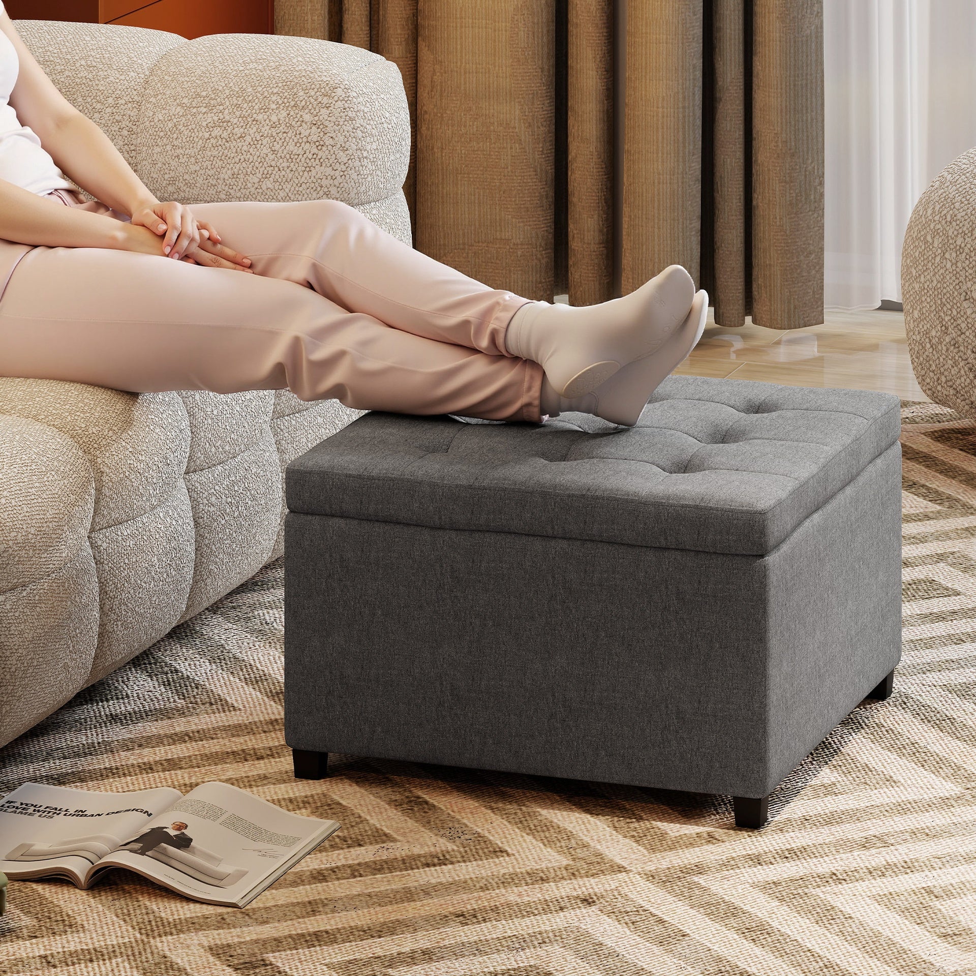 HOMCOM Round Storage Ottoman Bench, Button Tufted Ottoman with Flip Top for Living Room, Entryway and Bedroom, Gray