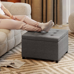 HOMCOM Round Storage Ottoman Bench, Button Tufted Ottoman with Flip Top for Living Room, Entryway and Bedroom, Gray