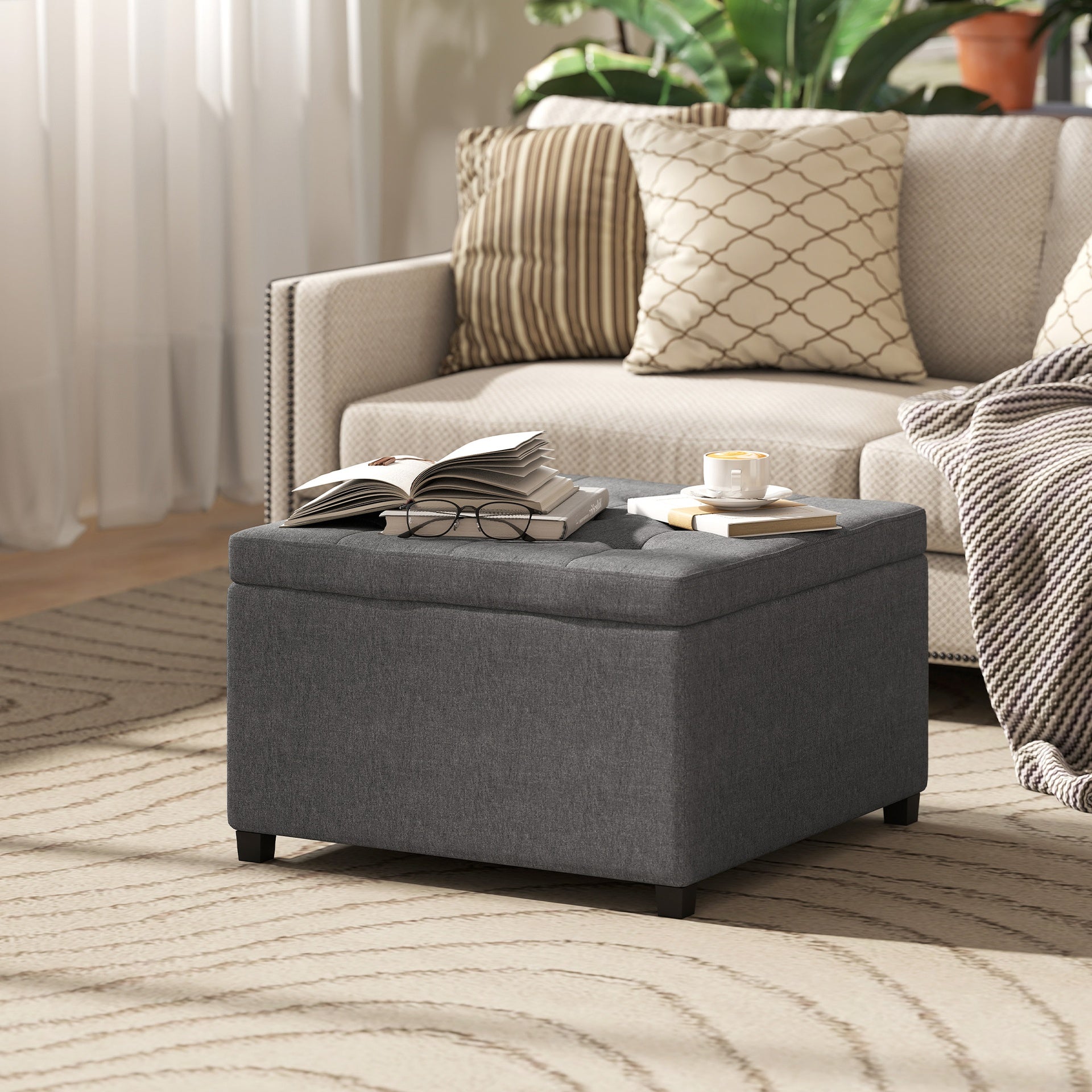 HOMCOM Round Storage Ottoman Bench, Button Tufted Ottoman with Flip Top for Living Room, Entryway and Bedroom, Gray