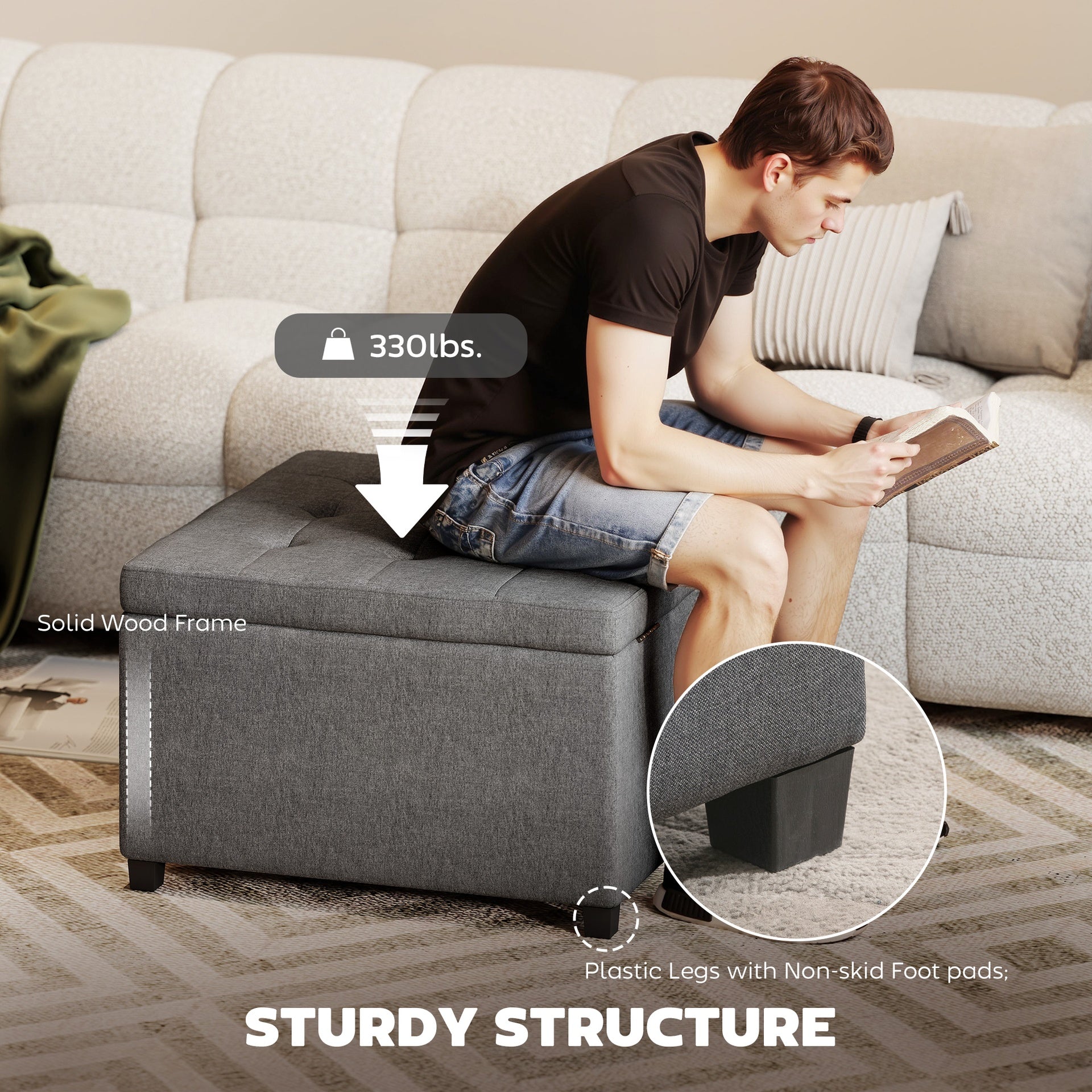 HOMCOM Round Storage Ottoman Bench, Button Tufted Ottoman with Flip Top for Living Room, Entryway and Bedroom, Gray