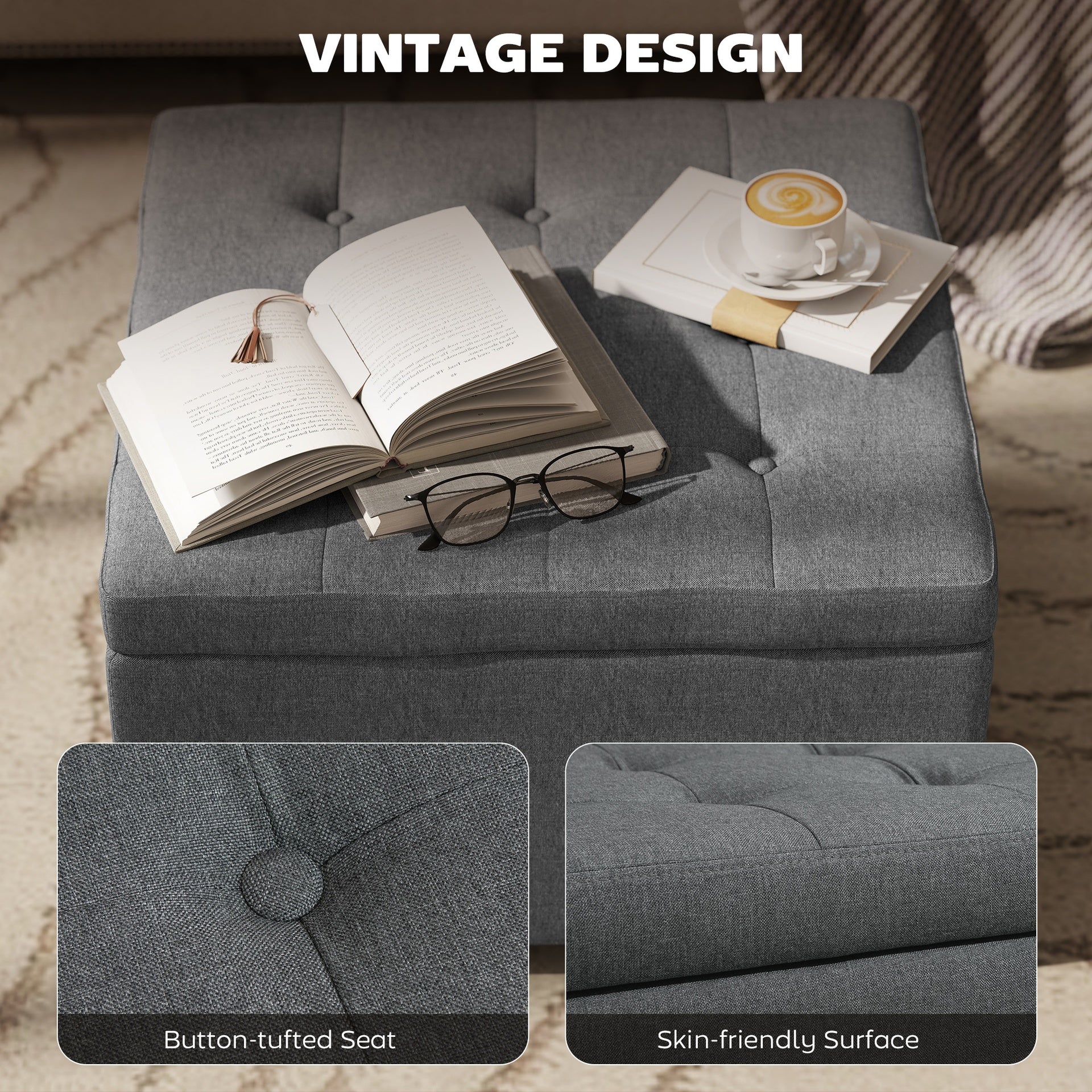 HOMCOM Round Storage Ottoman Bench, Button Tufted Ottoman with Flip Top for Living Room, Entryway and Bedroom, Gray