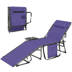 Outsunny Folding Outdoor Chaise Lounge Chair Tanning Chair with 5-Level Adjustable Back, Side Table, Pillow, Pocket, Purple