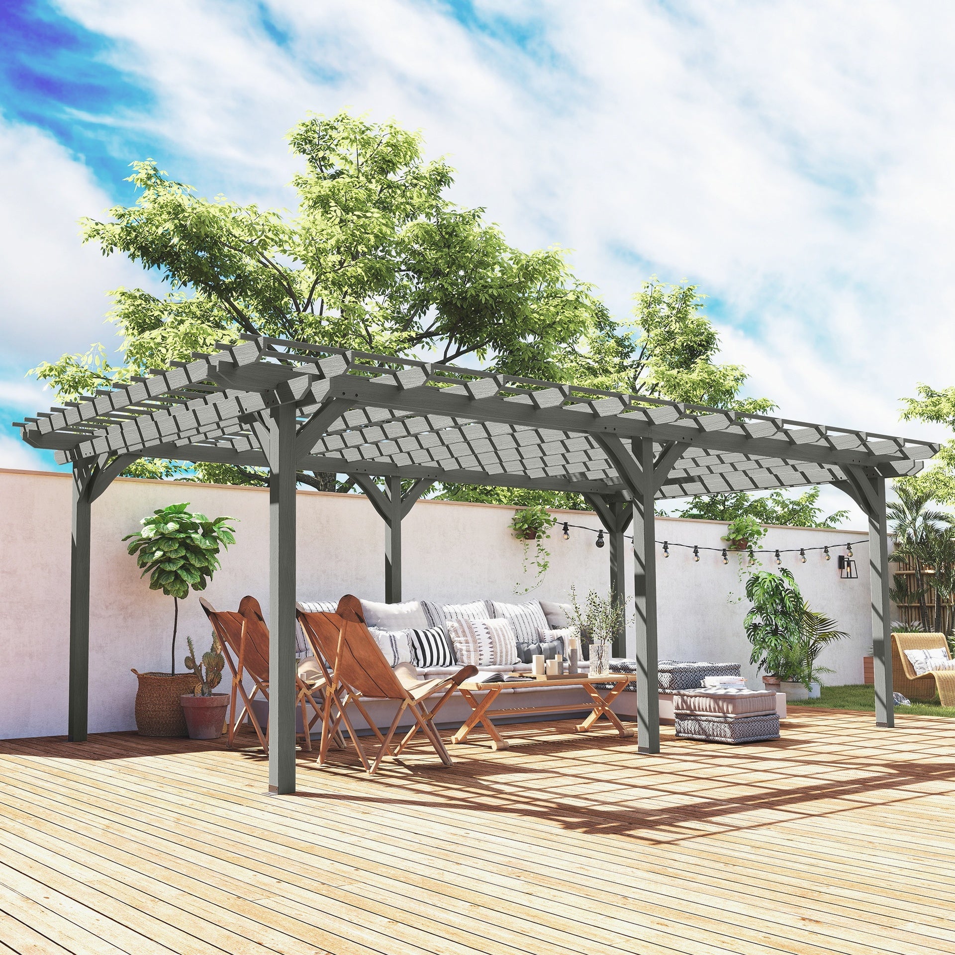 Outsunny 12' x 20' Outdoor Pergola, Wood Gazebo Grape Trellis with Stable Structure for Climbing Plant Support, Gray