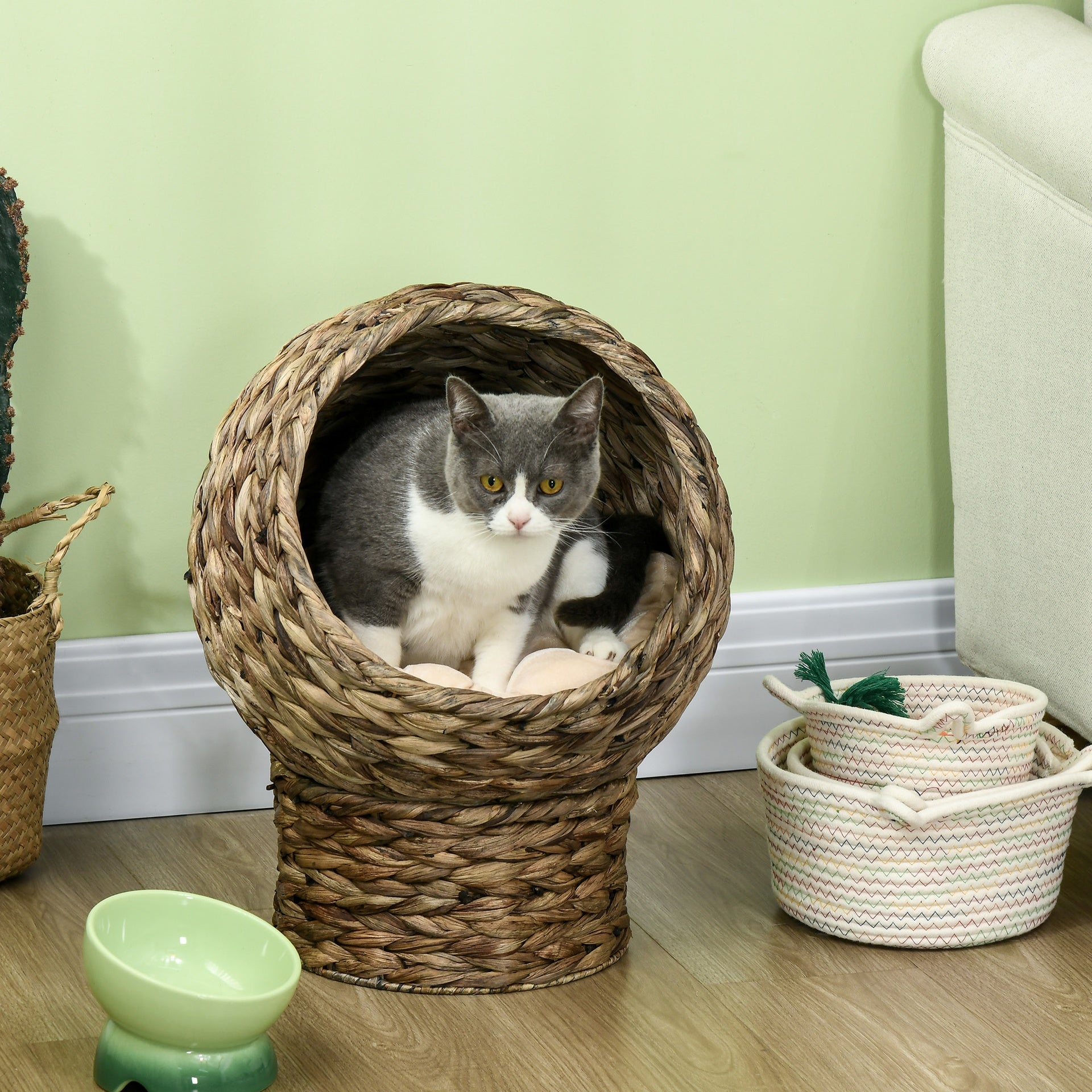 PawHut Handwoven Elevated Cat Bed with Soft Cushion & Egg Chair Shape, Basket Bed Kitty House with Stand, Raised Wicker House for Indoor Cats, 20" H, Gray