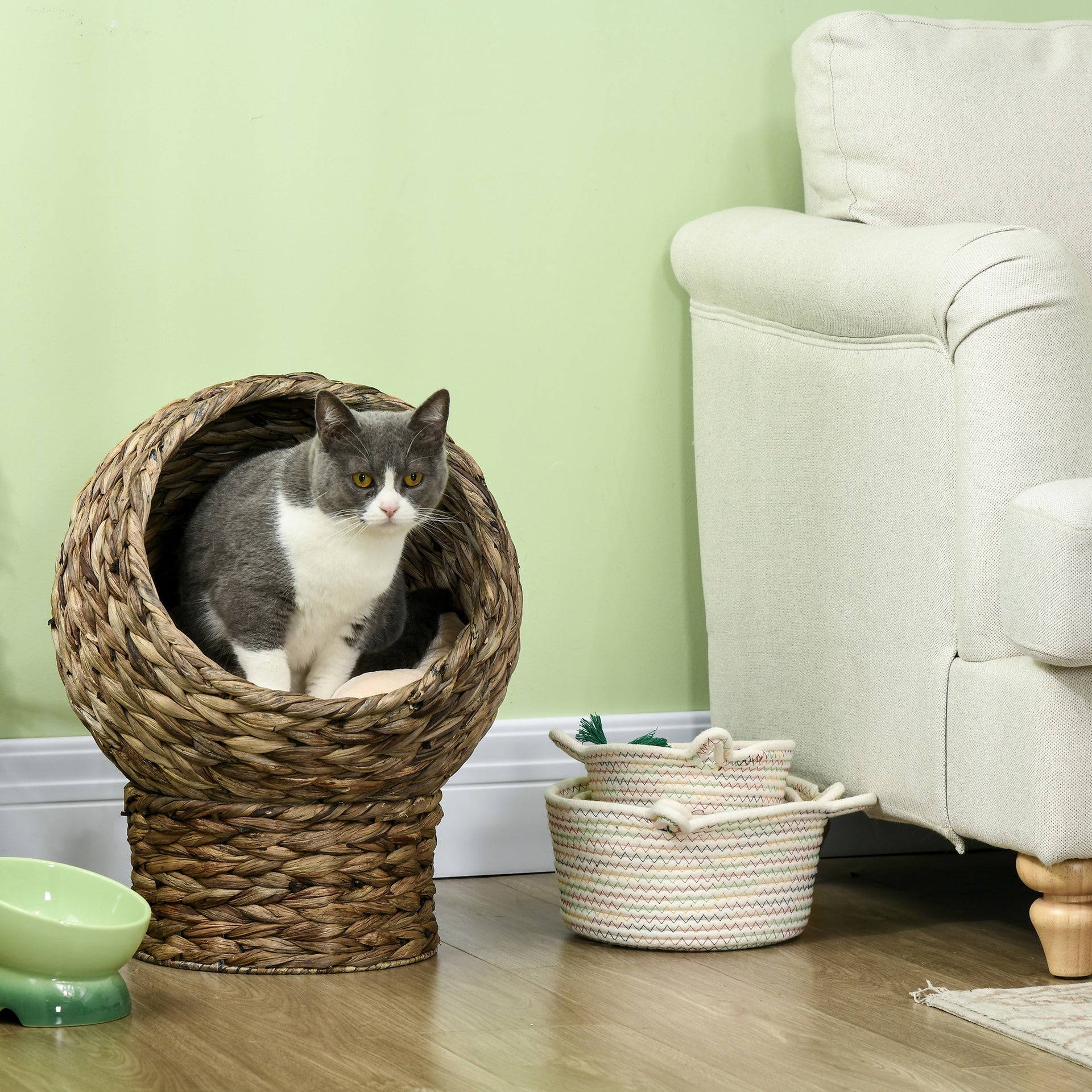 PawHut Handwoven Elevated Cat Bed with Soft Cushion & Egg Chair Shape, Basket Bed Kitty House with Stand, Raised Wicker House for Indoor Cats, 20" H, Gray