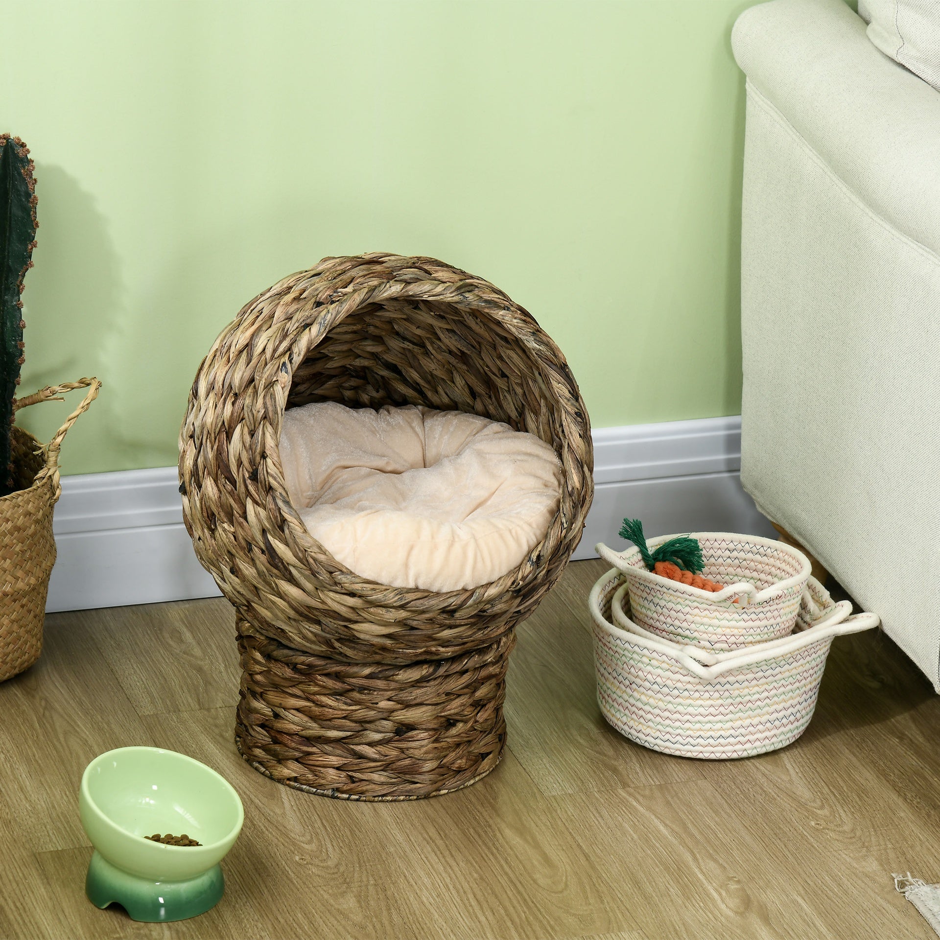 PawHut Handwoven Elevated Cat Bed with Soft Cushion & Egg Chair Shape, Basket Bed Kitty House with Stand, Raised Wicker House for Indoor Cats, 20" H, Gray