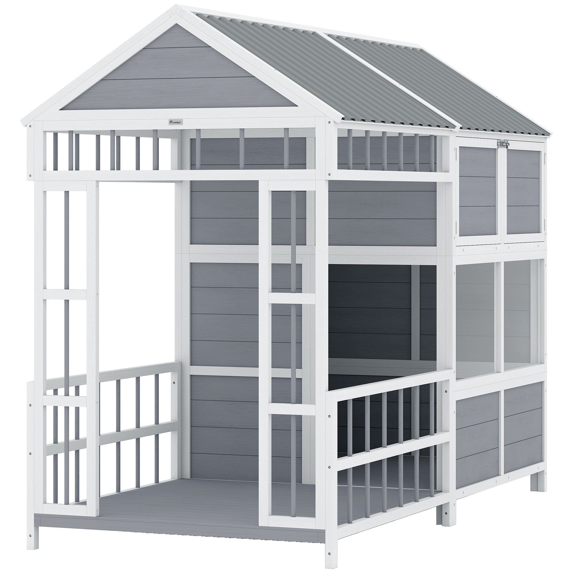 PawHut 79"L Large Dog House Outdoor, Wooden Dog Kennel with Porch, Storage Cabinet,Weatherproof Roof, Windows