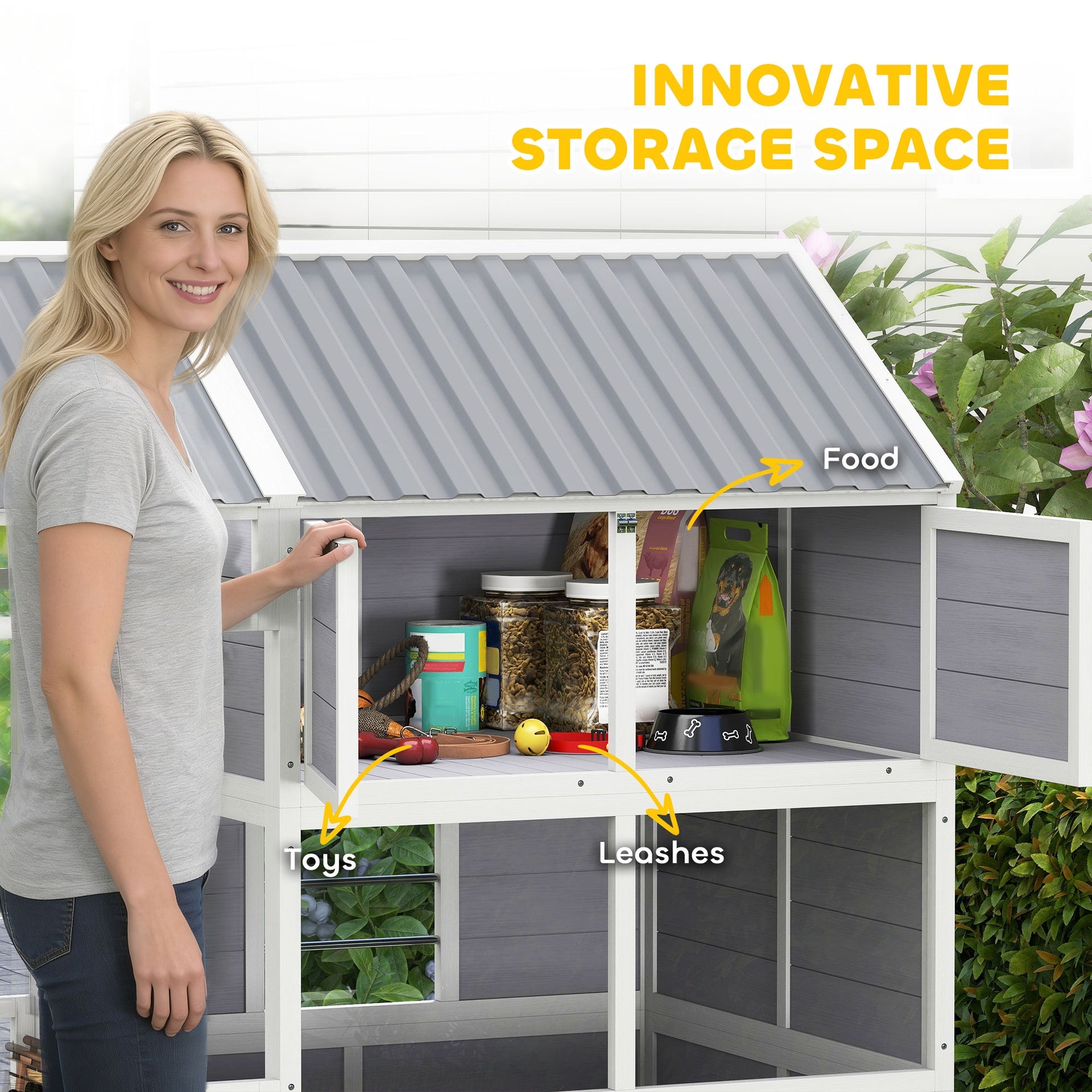PawHut 79"L Large Dog House Outdoor, Wooden Dog Kennel with Porch, Storage Cabinet,Weatherproof Roof, Windows