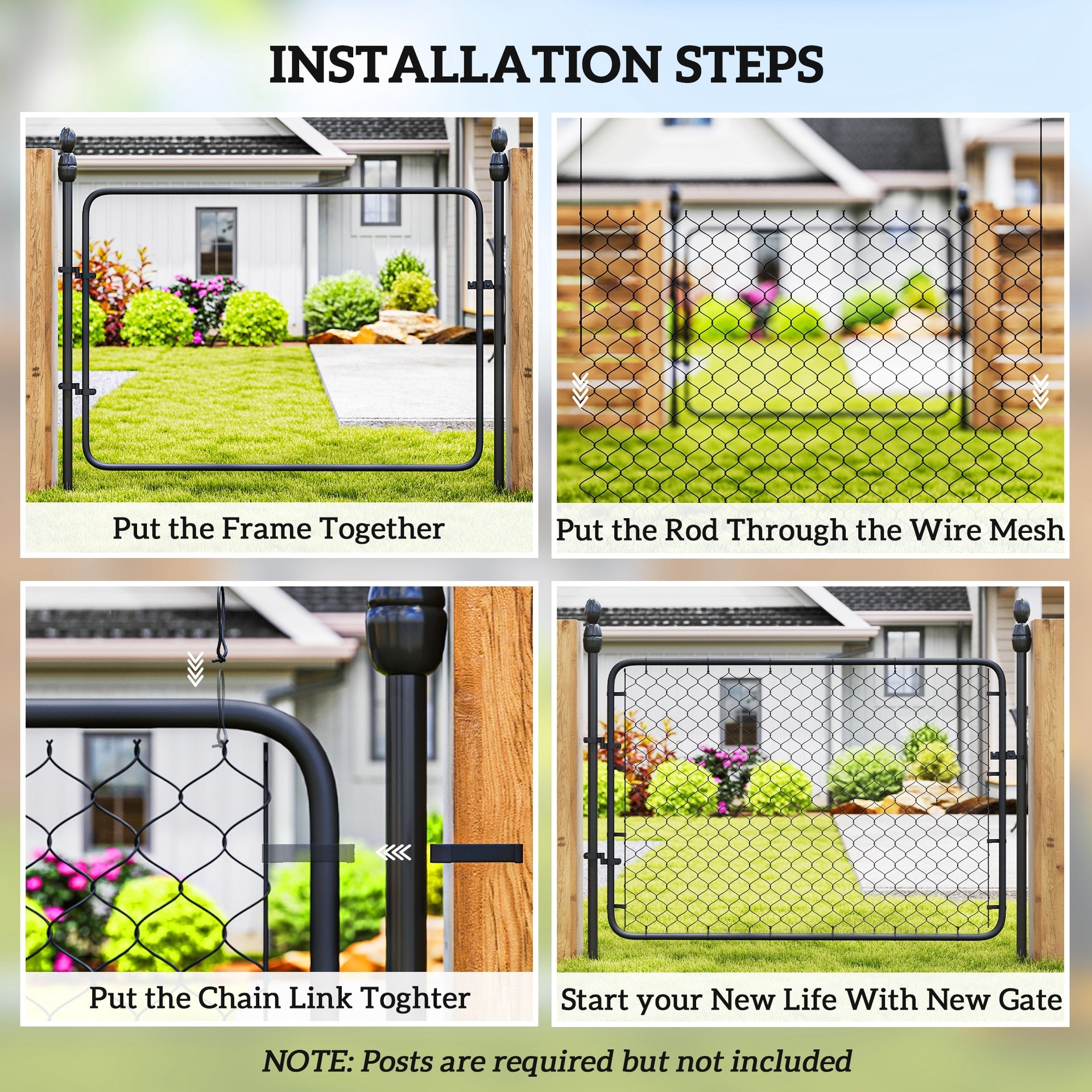 Outsunny Garden Gate Chain Link Fence Gate, Galvanized Steel Garden Door for Yard Entrance Way, 47.2 x 70.9 in., Black