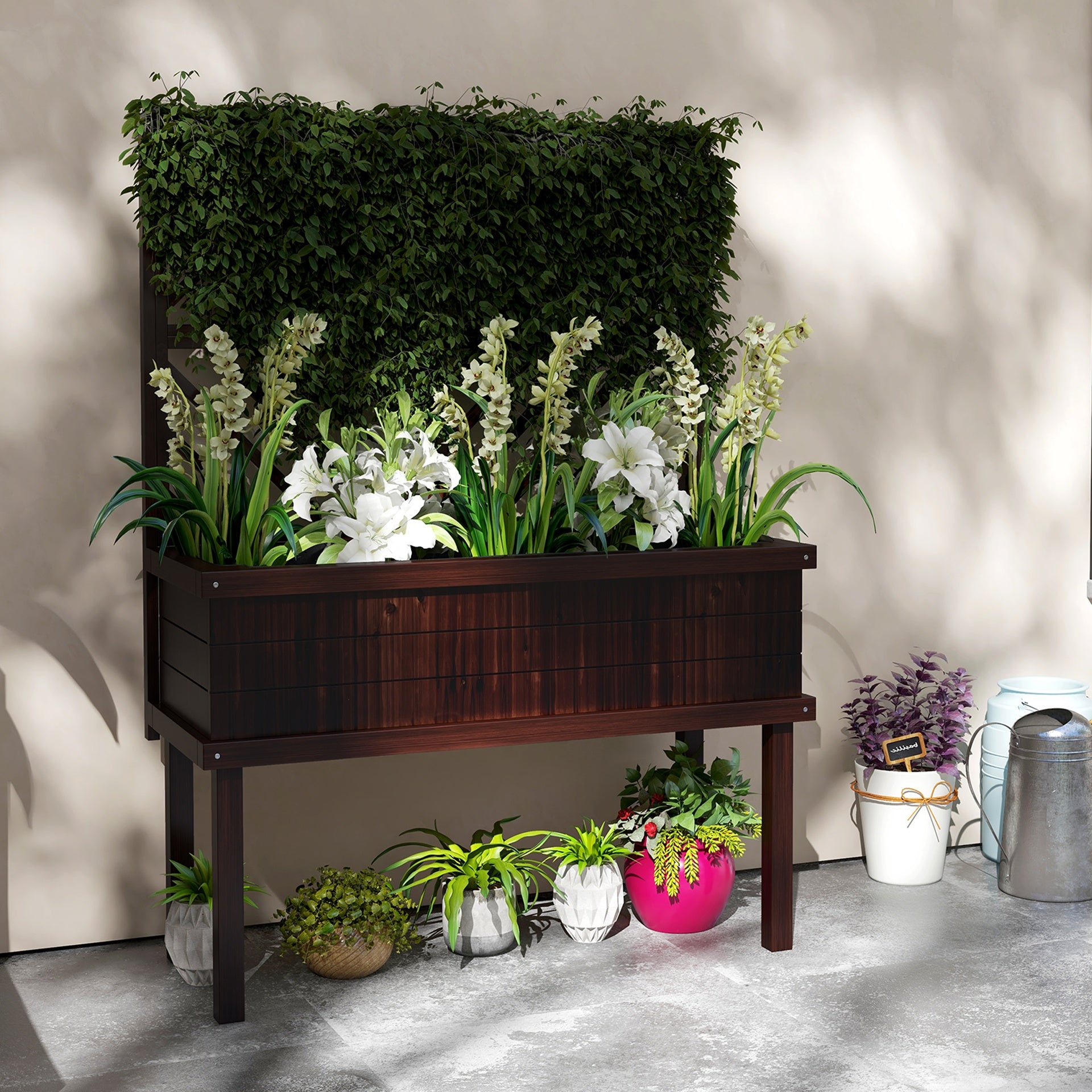 Outsunny Elevated Wood Planter with Trellis for Climbing Plants, Raised Garden Bed with Legs and Drainage Holes, Carbonized