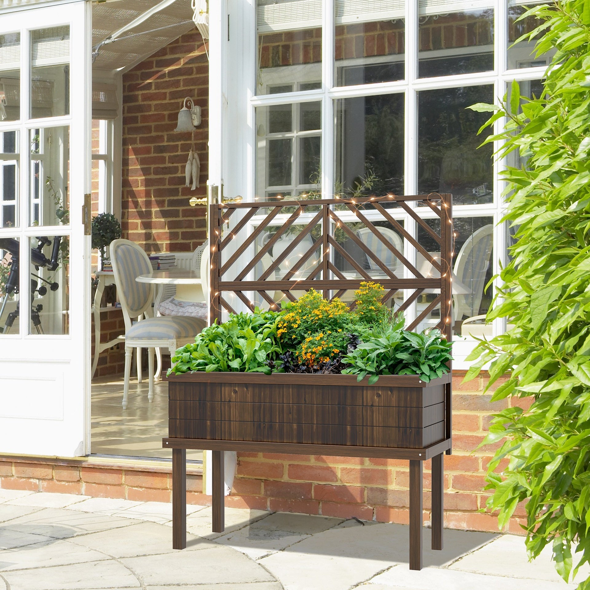 Outsunny Elevated Wood Planter with Trellis for Climbing Plants, Raised Garden Bed with Legs and Drainage Holes, Carbonized