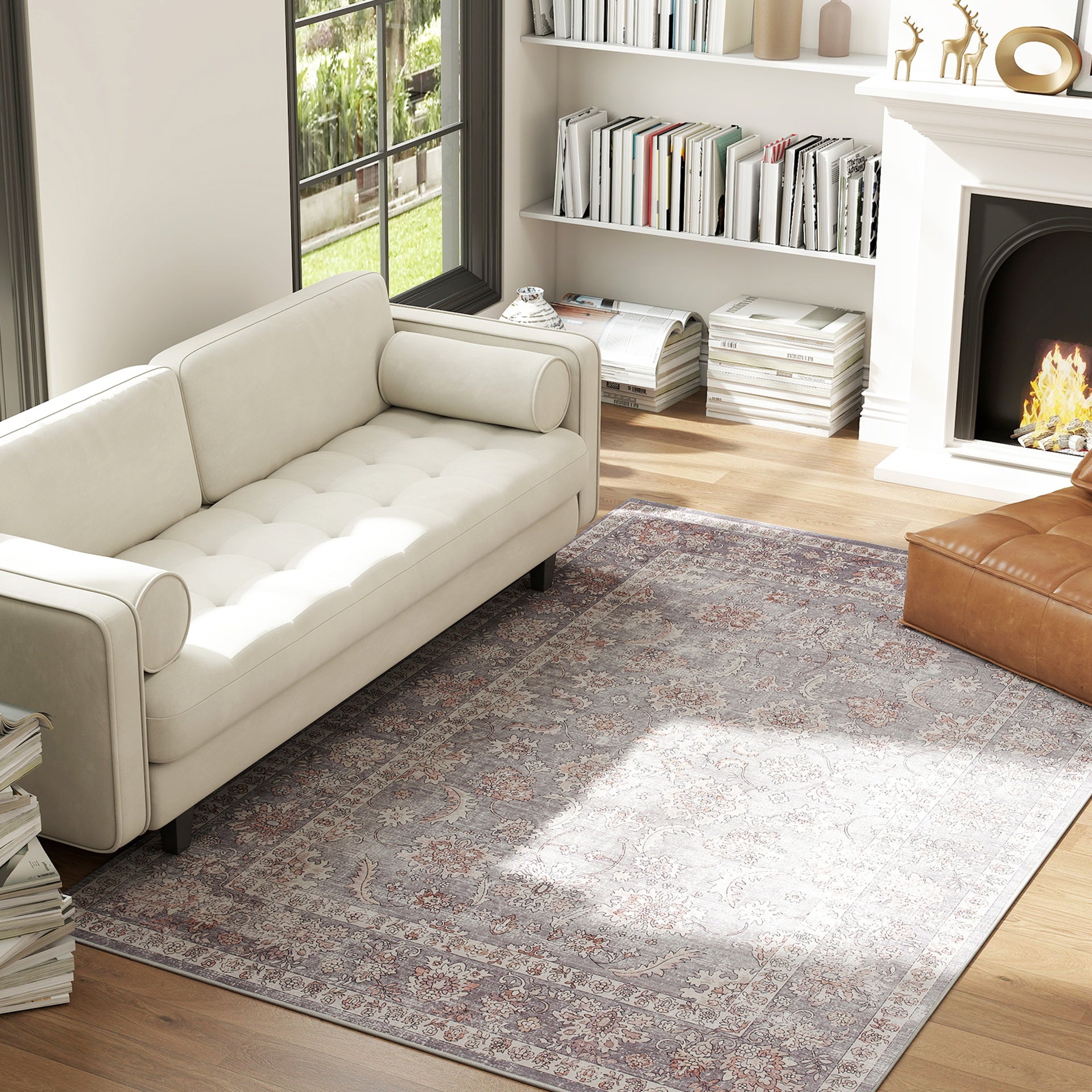 HOMCOM Machine Washable Area Rug 5x7, Non-Slip Traditional Flower Print Floor Carpet for Living Room, Bedroom, Grey and Brown