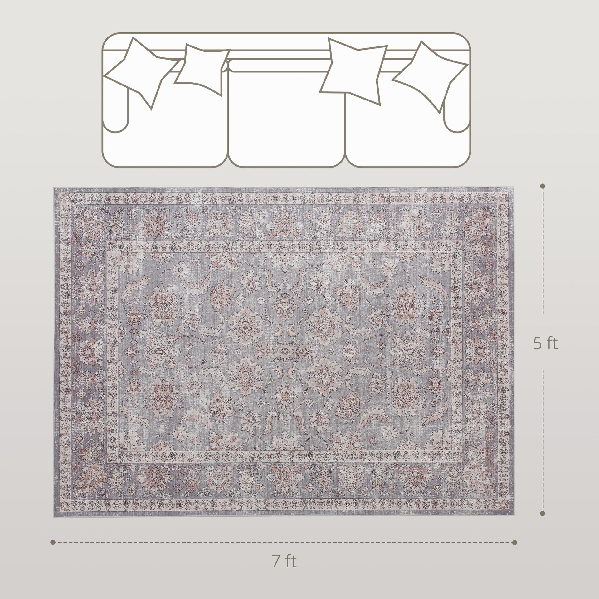 HOMCOM Machine Washable Area Rug 5x7, Non-Slip Traditional Flower Print Floor Carpet for Living Room, Bedroom, Grey and Brown