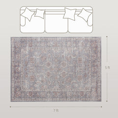 HOMCOM Machine Washable Area Rug 5x7, Non-Slip Traditional Flower Print Floor Carpet for Living Room, Bedroom, Grey and Brown