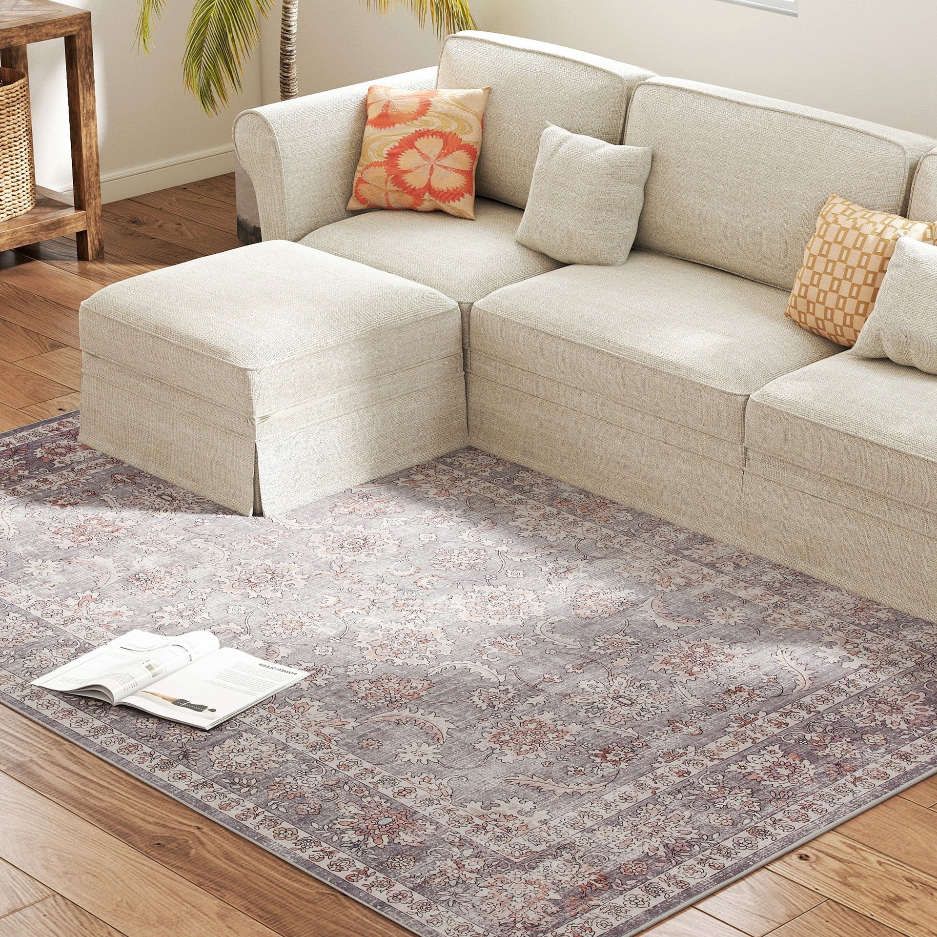HOMCOM Machine Washable Area Rug 5x7, Non-Slip Traditional Flower Print Floor Carpet for Living Room, Bedroom, Grey and Brown