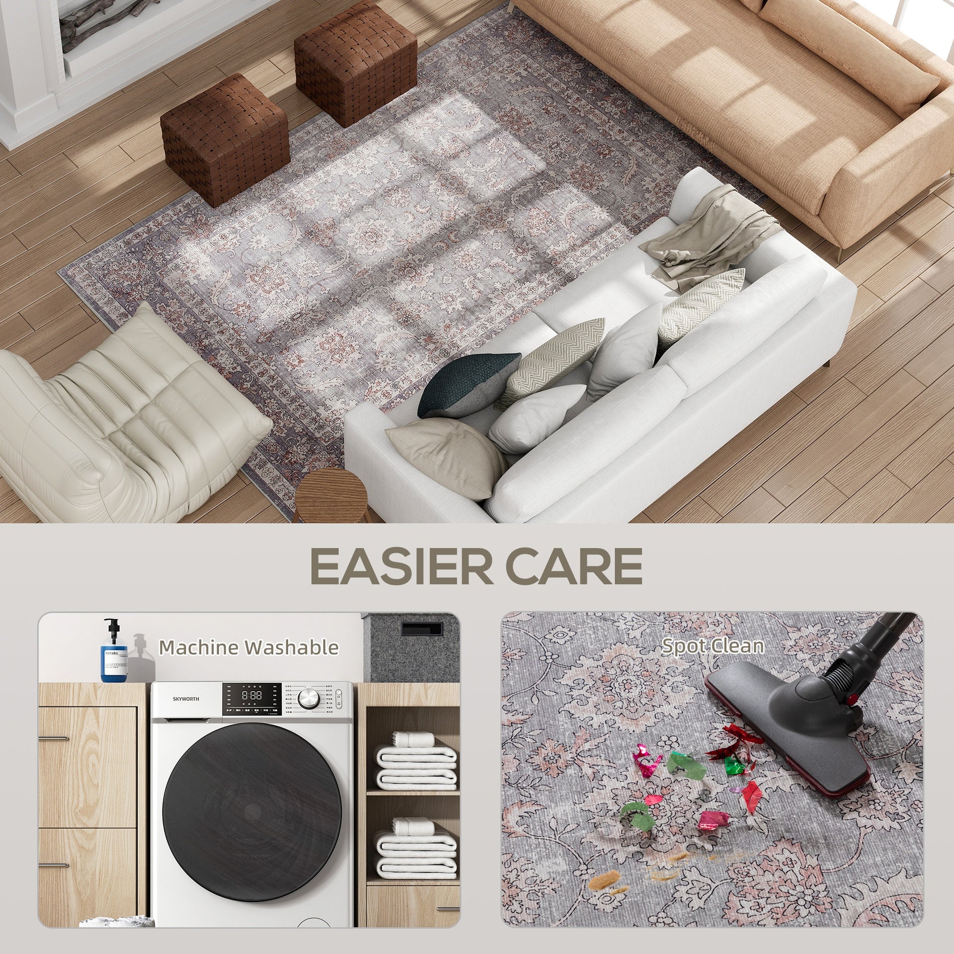 HOMCOM Machine Washable Area Rug 5x7, Non-Slip Traditional Flower Print Floor Carpet for Living Room, Bedroom, Grey and Brown