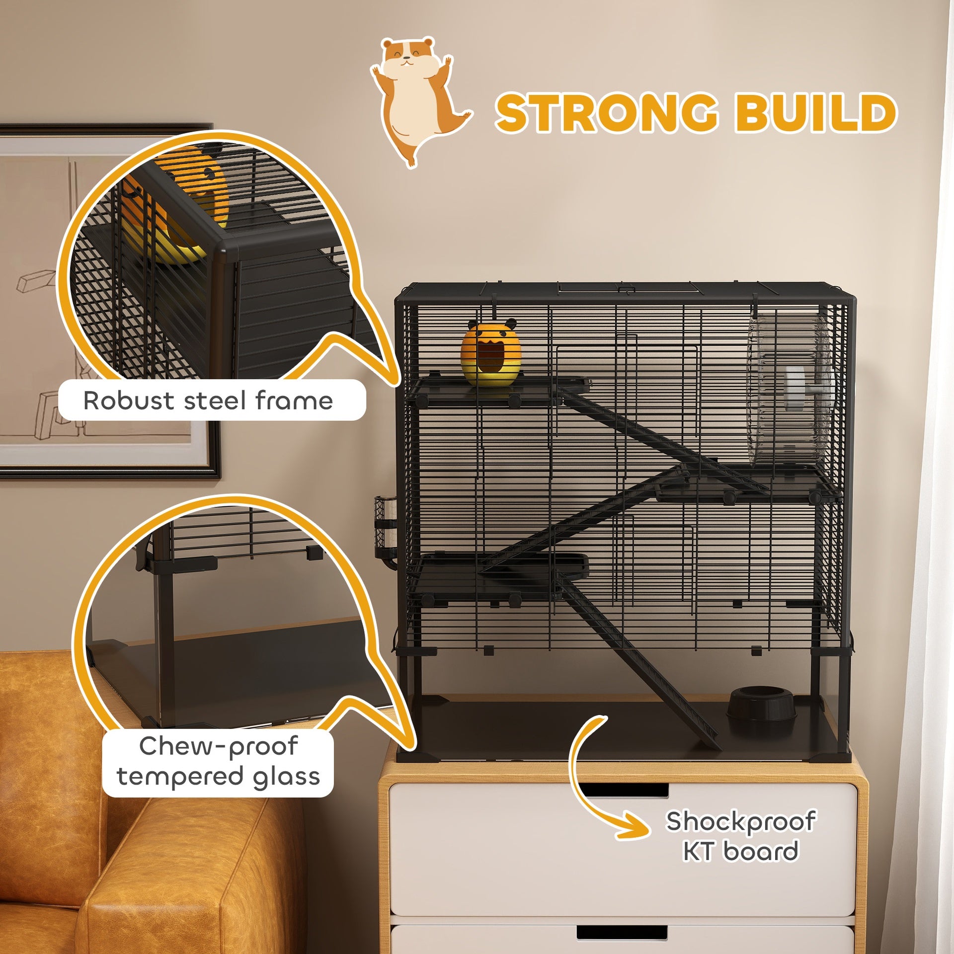 PawHut 4 Tier Hamster Cage with Deep Tempered Glass Bottom, Running Wheel, Hut, Water Bottle, Food Dish, 31" x 19" x 31.5"
