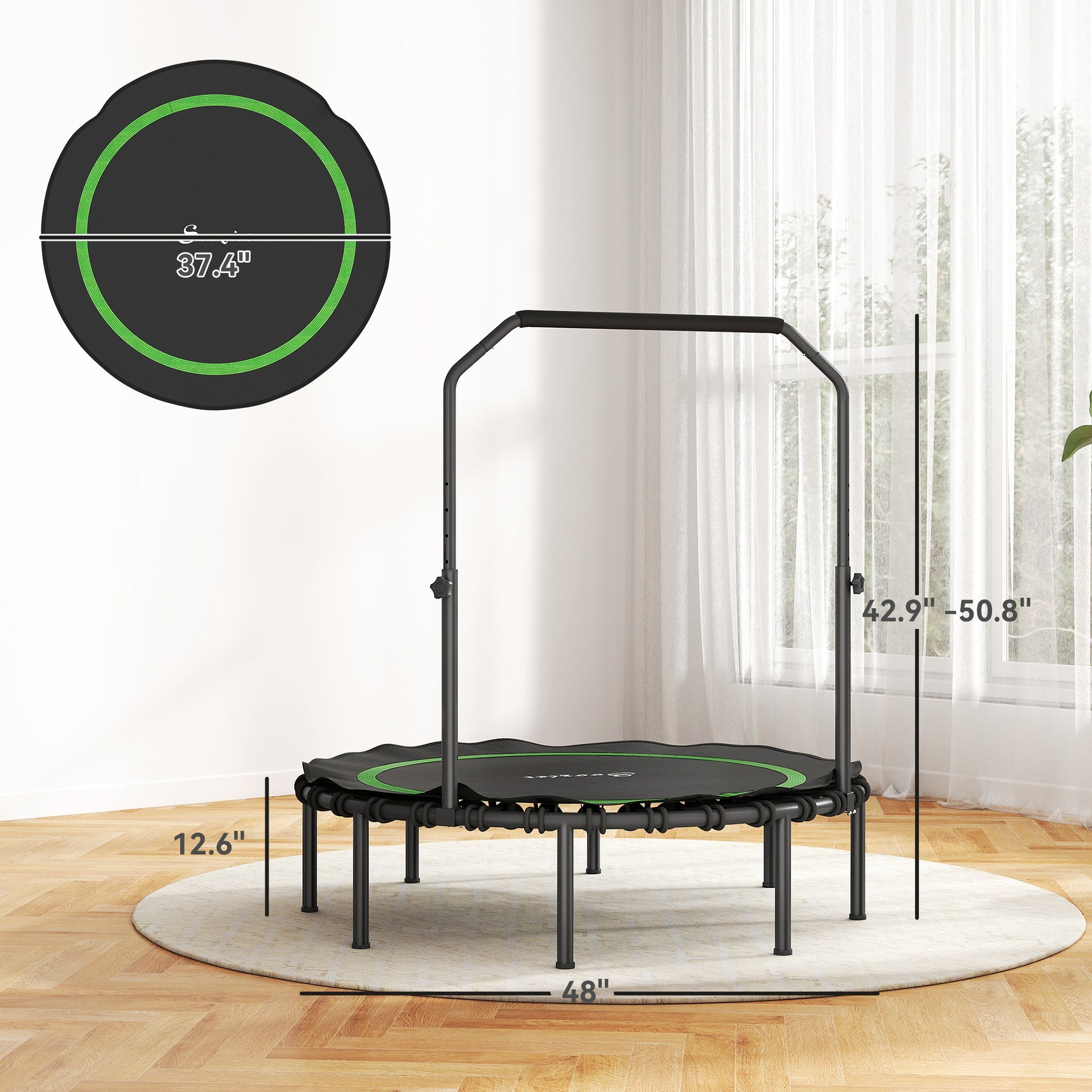 Soozier 48" Rebounder Trampoline for Adults, Foldable Mini Trampoline with Adjustable Handle Bar for Indoor Outdoor, Green