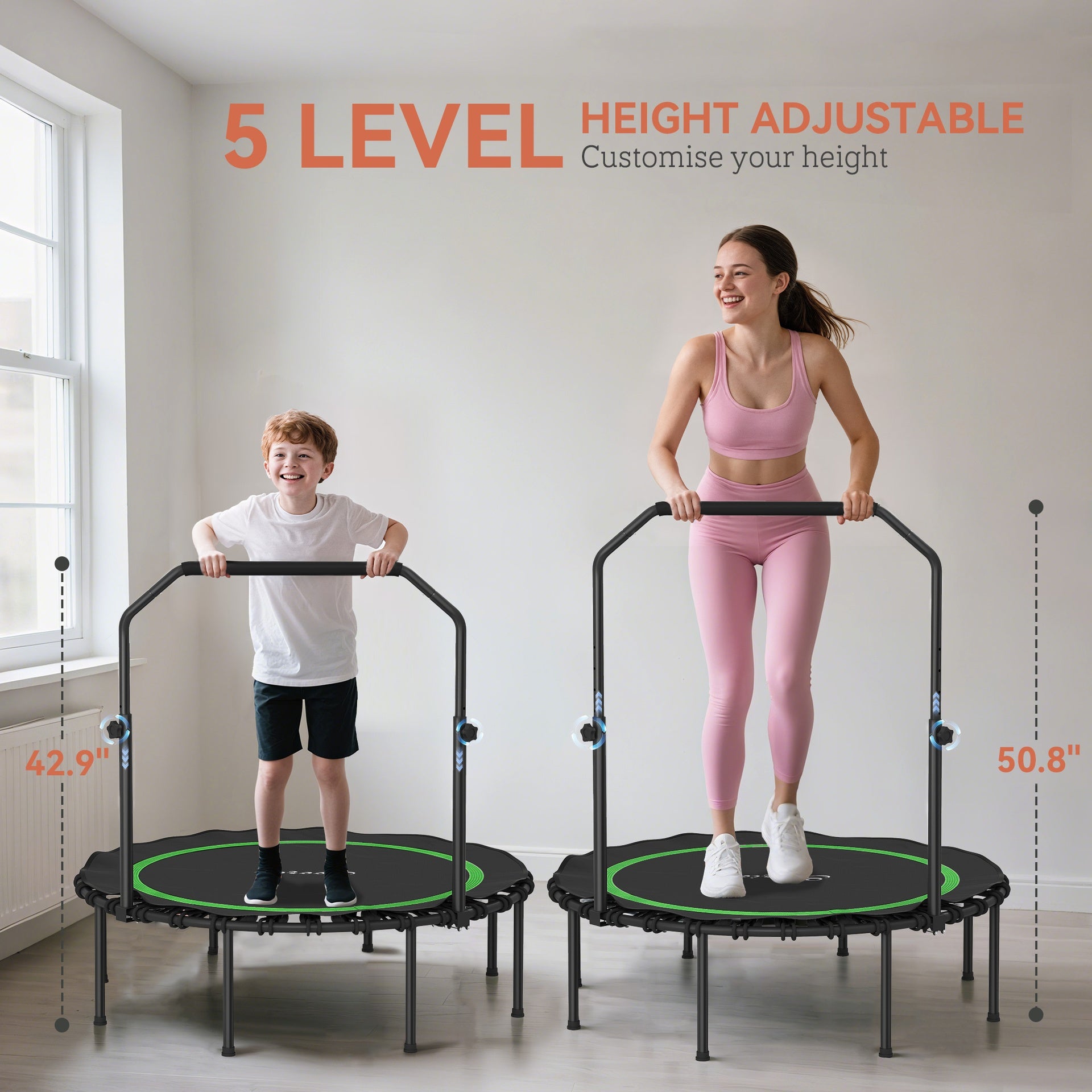 Soozier 48" Rebounder Trampoline for Adults, Foldable Mini Trampoline with Adjustable Handle Bar for Indoor Outdoor, Green
