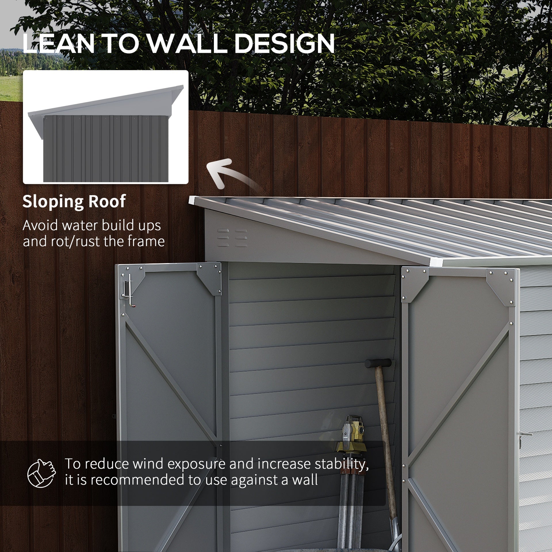 Outsunny 4.6' x 9' Outdoor Storage Shed, Lean to Metal Shed with Foundation Kit, Lockable Doors and Gloves for Patio, Lawn, Gray