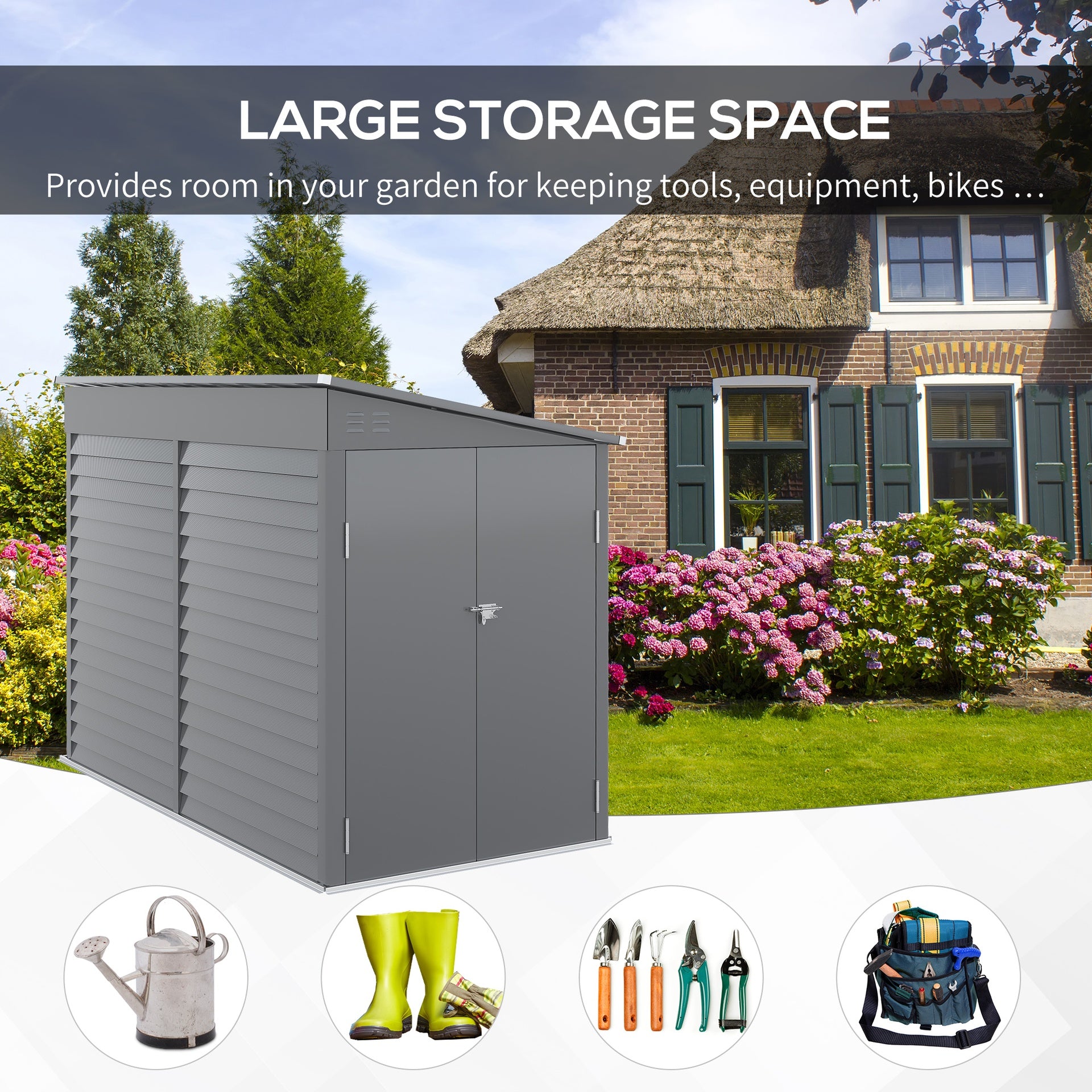 Outsunny 4.6' x 9' Outdoor Storage Shed, Lean to Metal Shed with Foundation Kit, Lockable Doors and Gloves for Patio, Lawn, Gray