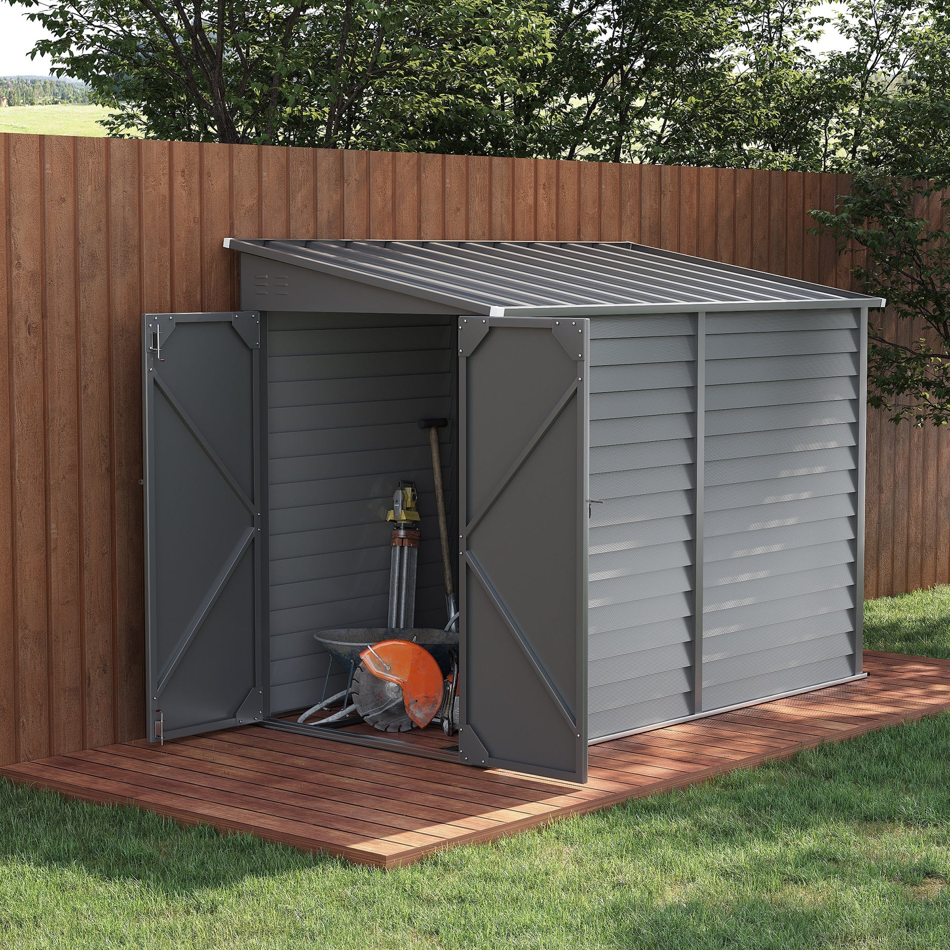 Outsunny 4.6' x 9' Outdoor Storage Shed, Lean to Metal Shed with Foundation Kit, Lockable Doors and Gloves for Patio, Lawn, Gray