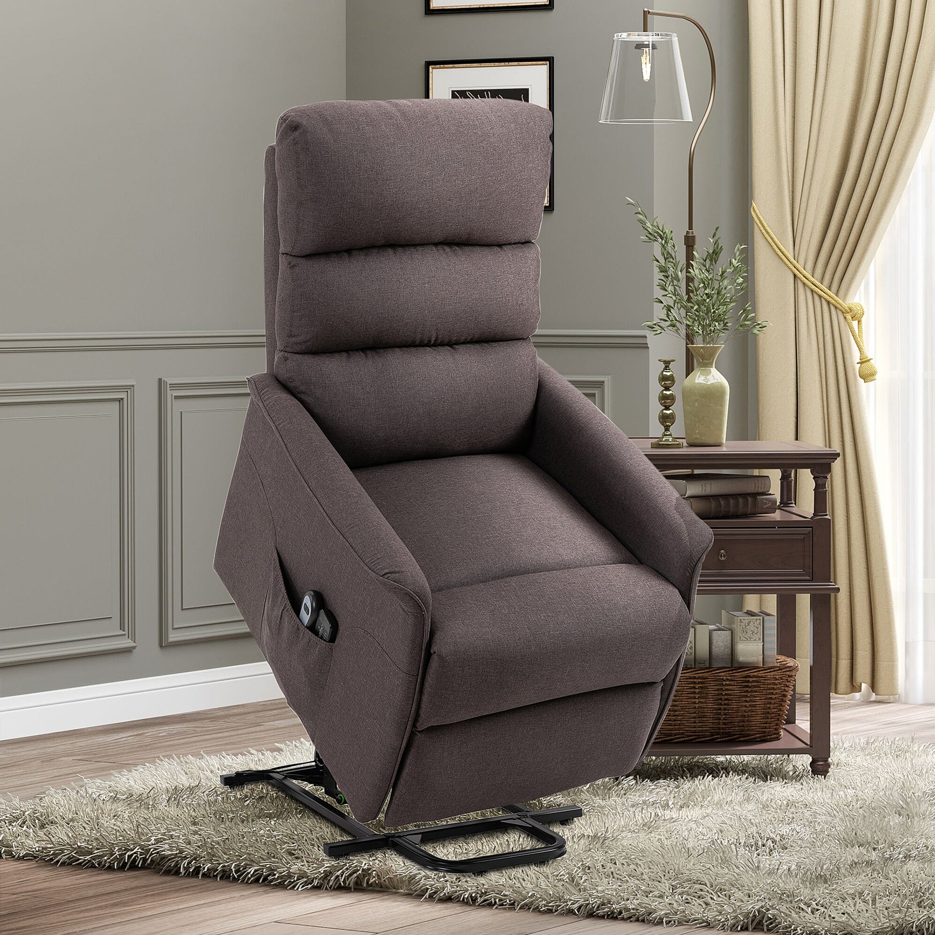 HOMCOM Power Lift Assist Recliner Chair for Elderly with Remote Control, Linen Fabric Upholstery, Brown