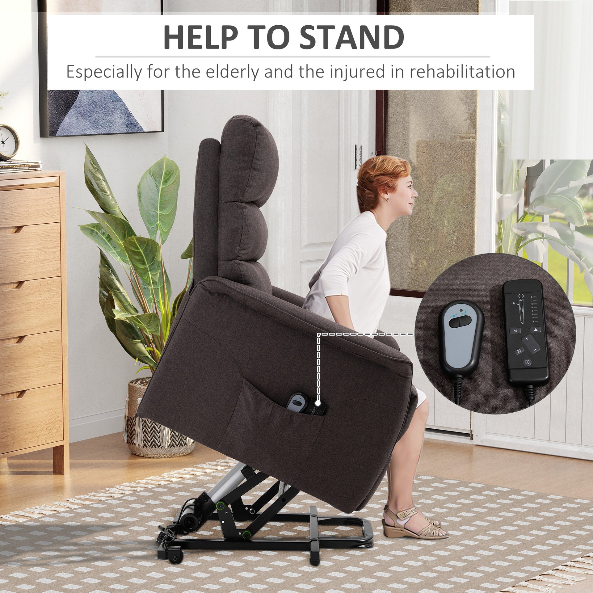 HOMCOM Power Lift Assist Recliner Chair for Elderly with Remote Control, Linen Fabric Upholstery, Brown