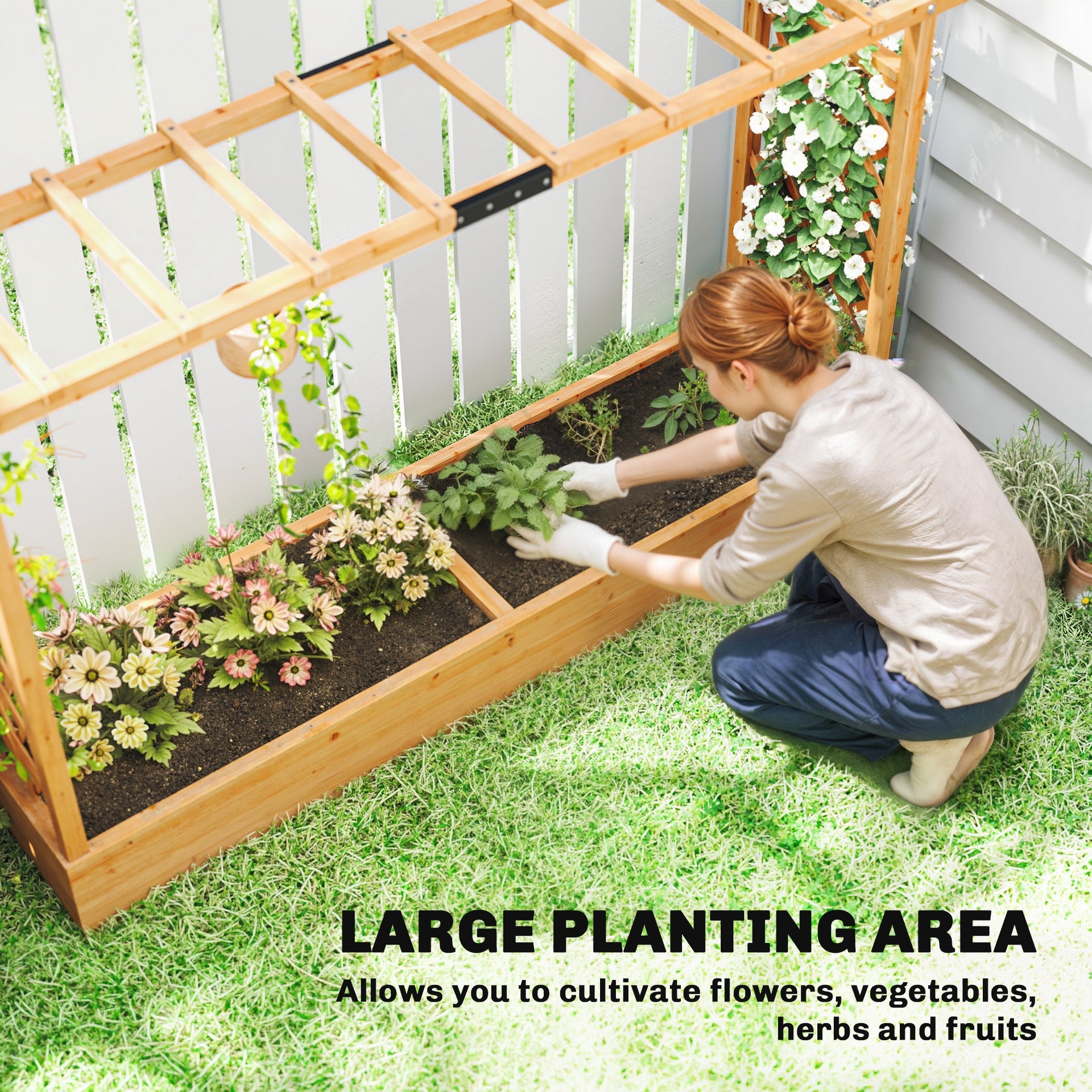 Outsunny Wooden Planter Box with Trellis, Hanging Roof and Drainage Holes for Climbing Plants, Vegetables, Herbs and Flowers