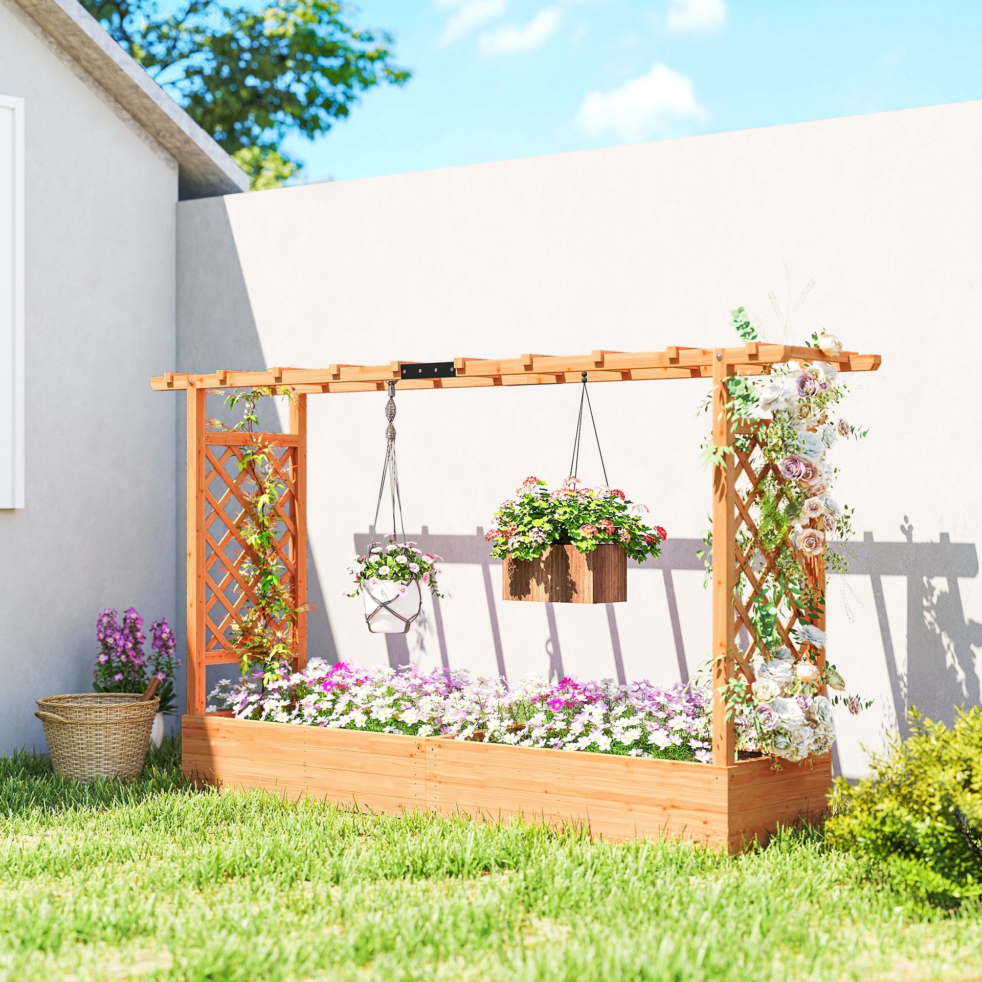 Outsunny Wooden Planter Box with Trellis, Hanging Roof and Drainage Holes for Climbing Plants, Vegetables, Herbs and Flowers