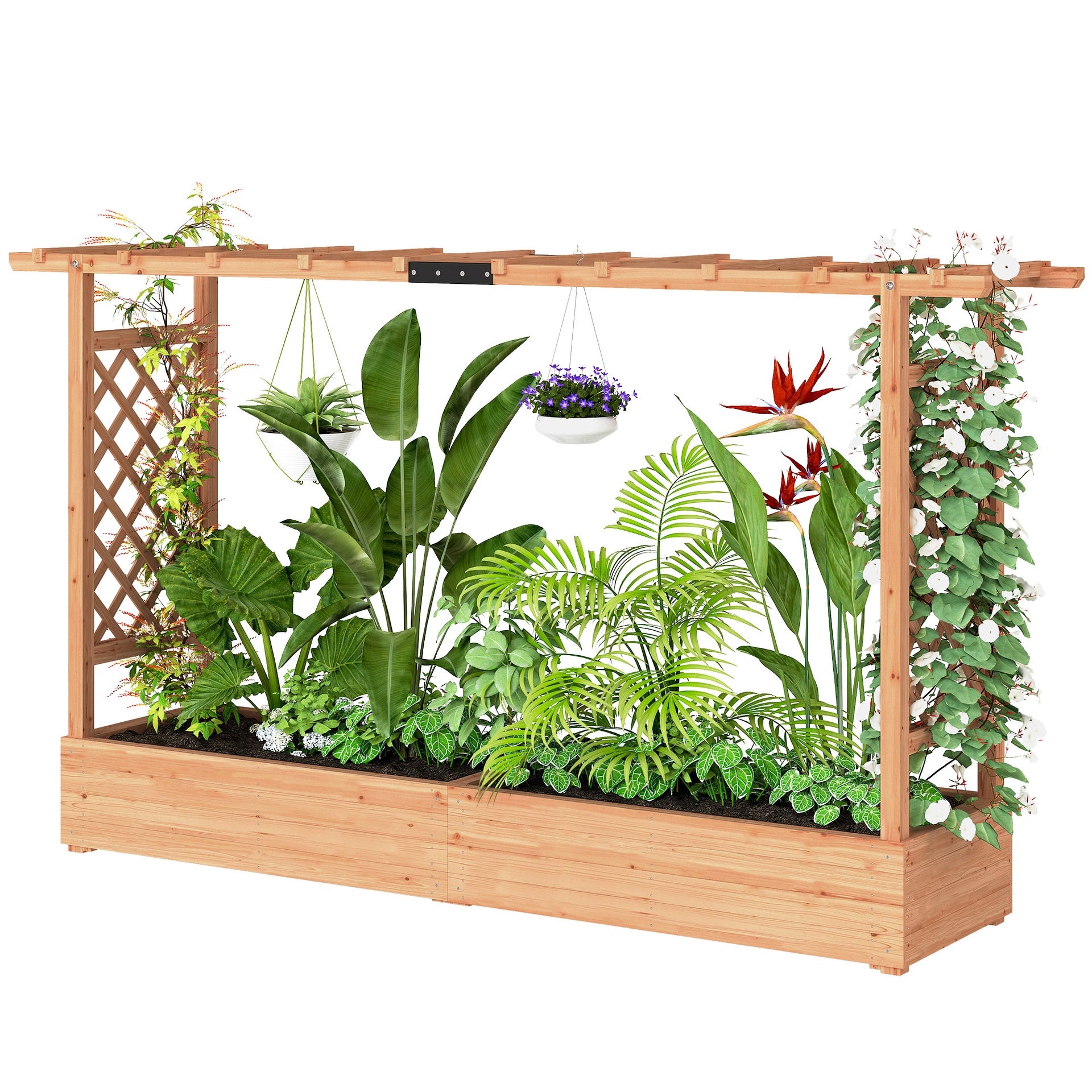 Outsunny Wooden Planter Box with Trellis, Hanging Roof and Drainage Holes for Climbing Plants, Vegetables, Herbs and Flowers