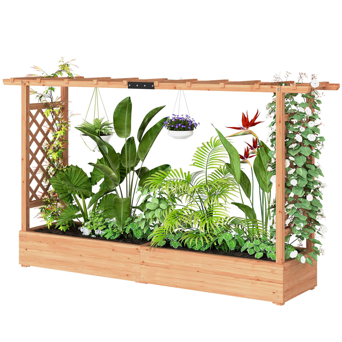Outsunny Wooden Planter Box with Trellis, Hanging Roof and Drainage Holes for Climbing Plants, Vegetables, Herbs and Flowers