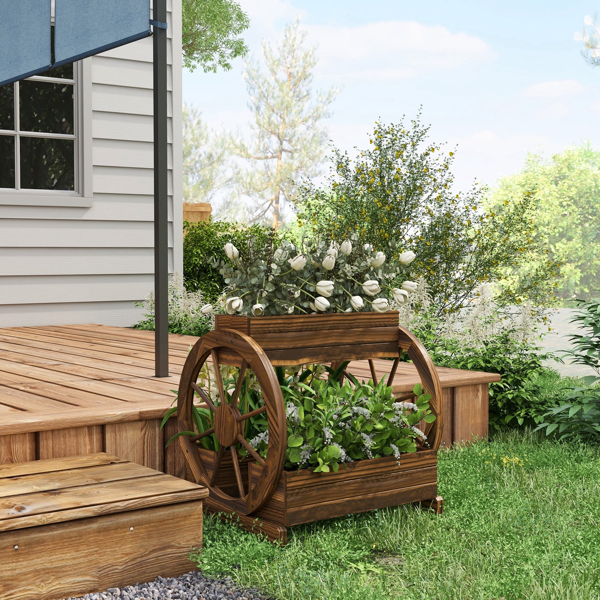 Outsunny Wooden Wagon Planter Box, 3-Tier Raised Garden Bed, for Vegetables Flowers Herbs, 25" x 21" x 24"
