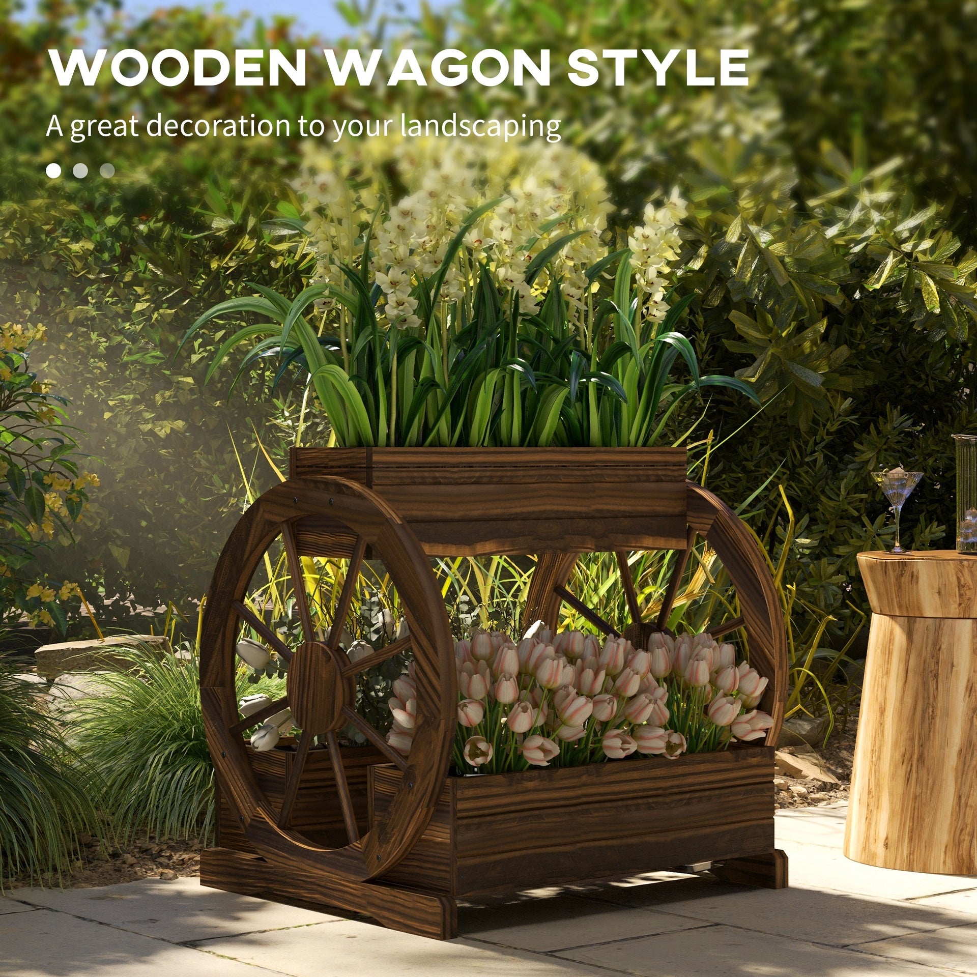 Outsunny Wooden Wagon Planter Box, 3-Tier Raised Garden Bed, for Vegetables Flowers Herbs, 25" x 21" x 24"