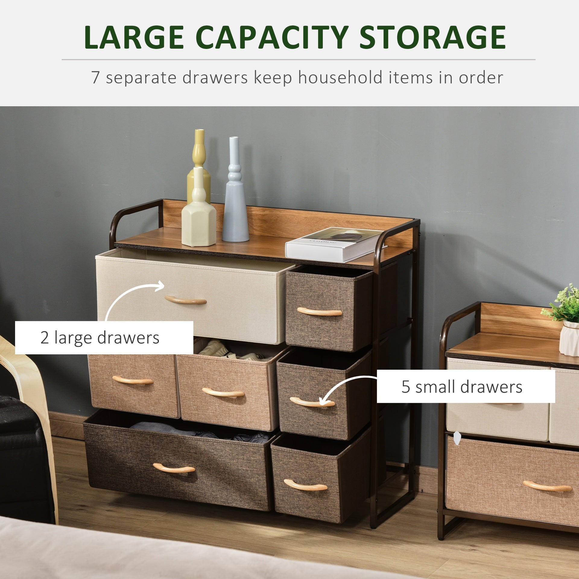 HOMCOM 3-Tier Storage Organizer for Bedroom Entryway, 7-Drawer Dresser with Steel Frame for Bedroom, Maple Wood